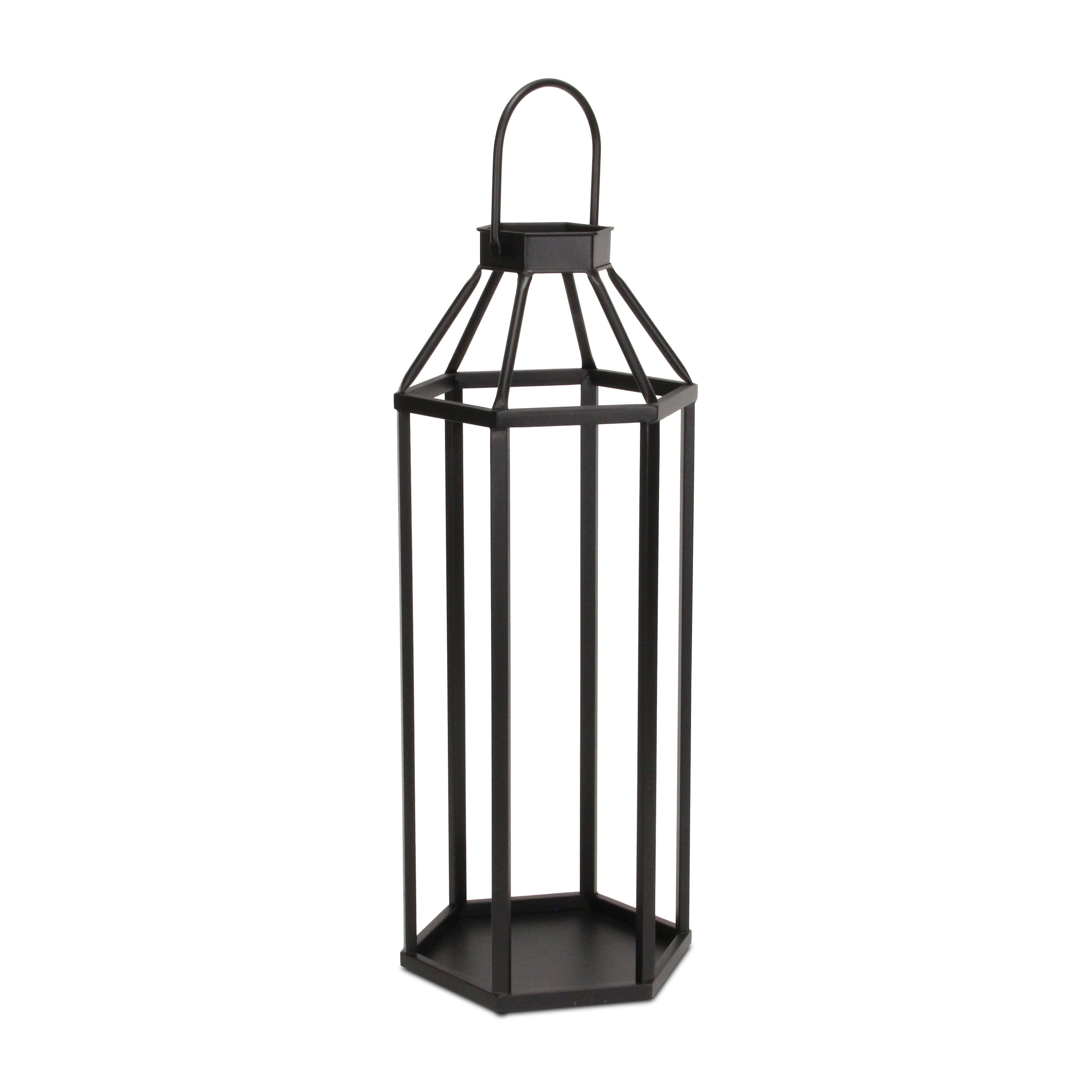 32" Black Geometric Metal Floor Lantern Candle Holder-Candle Holders-DECOROLALA