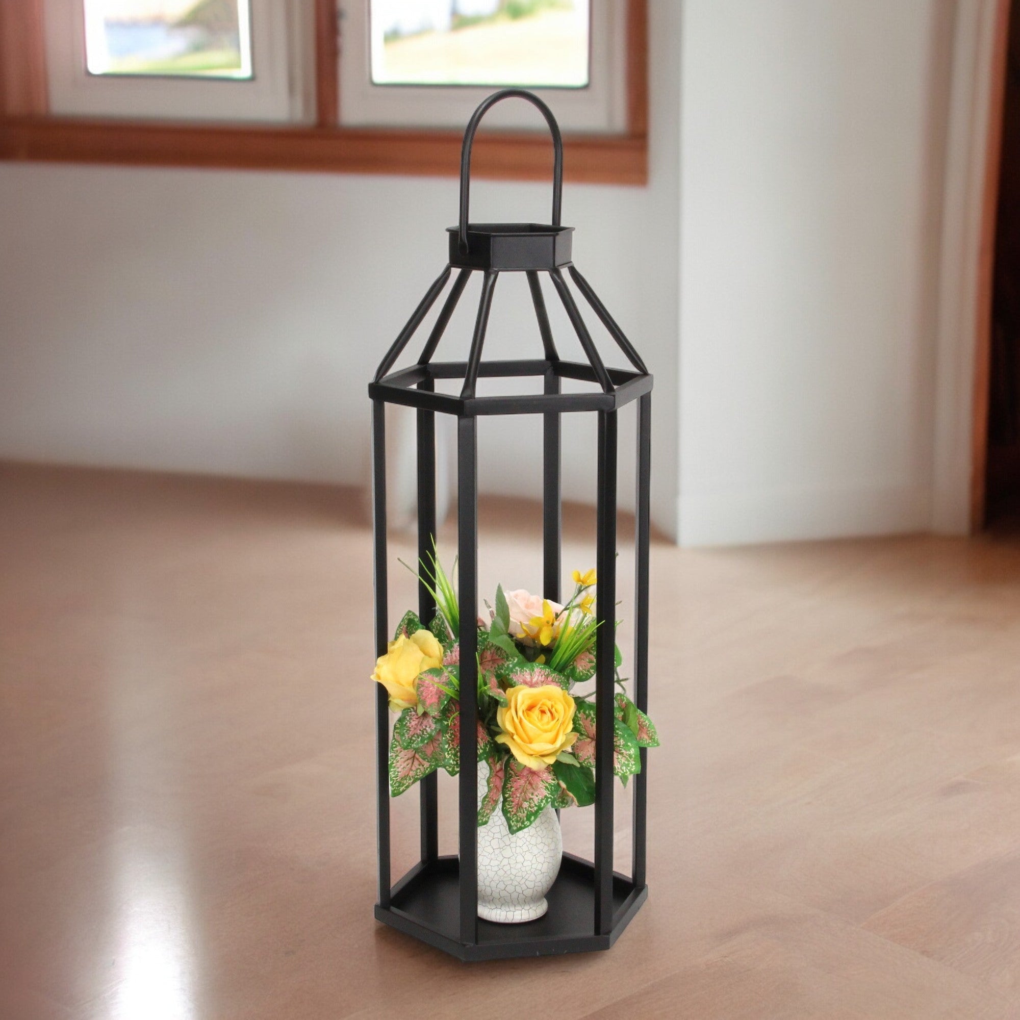32" Black Geometric Metal Floor Lantern Candle Holder-Candle Holders-DECOROLALA