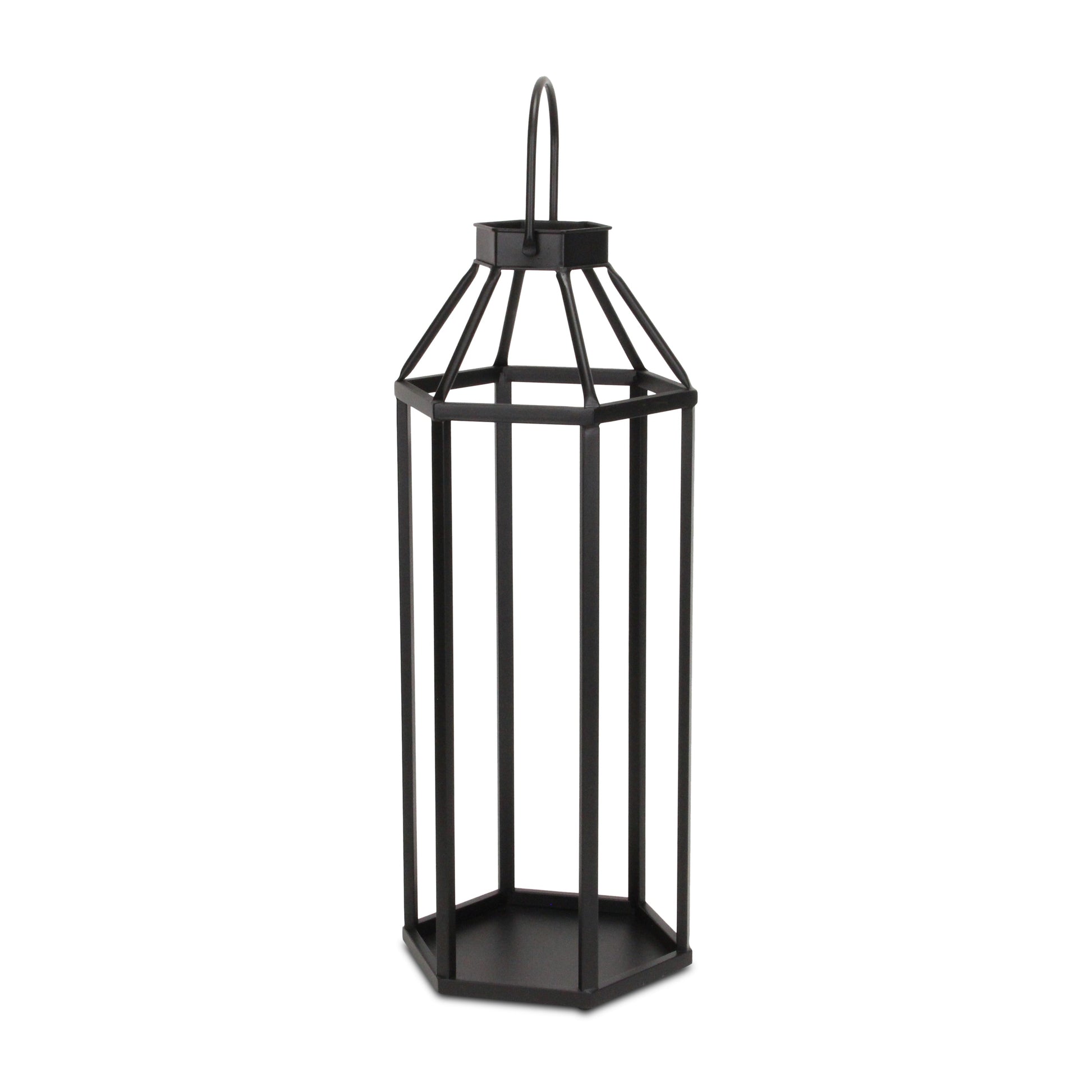 32" Black Geometric Metal Floor Lantern Candle Holder-Candle Holders-DECOROLALA