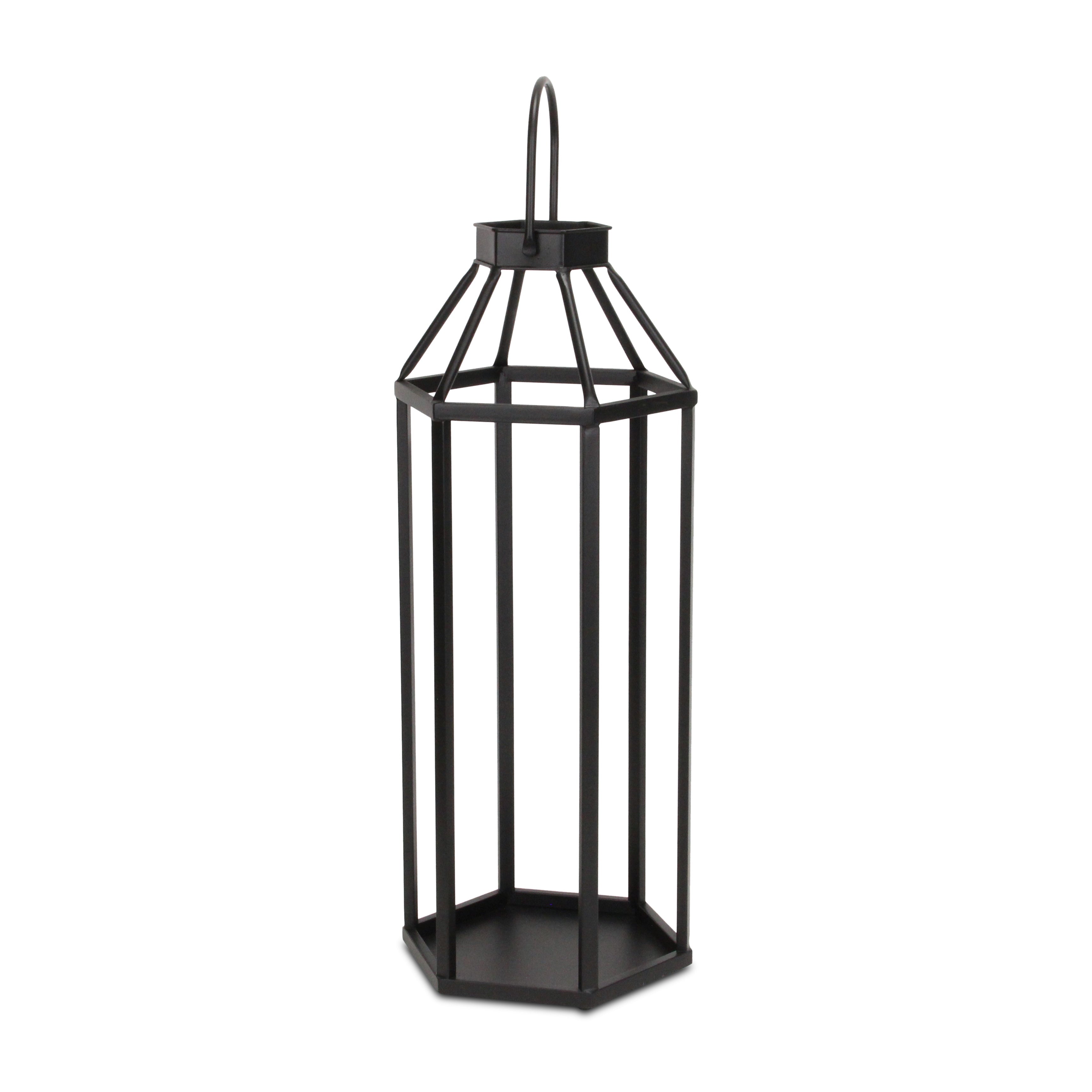 32" Black Geometric Metal Floor Lantern Candle Holder-Candle Holders-DECOROLALA