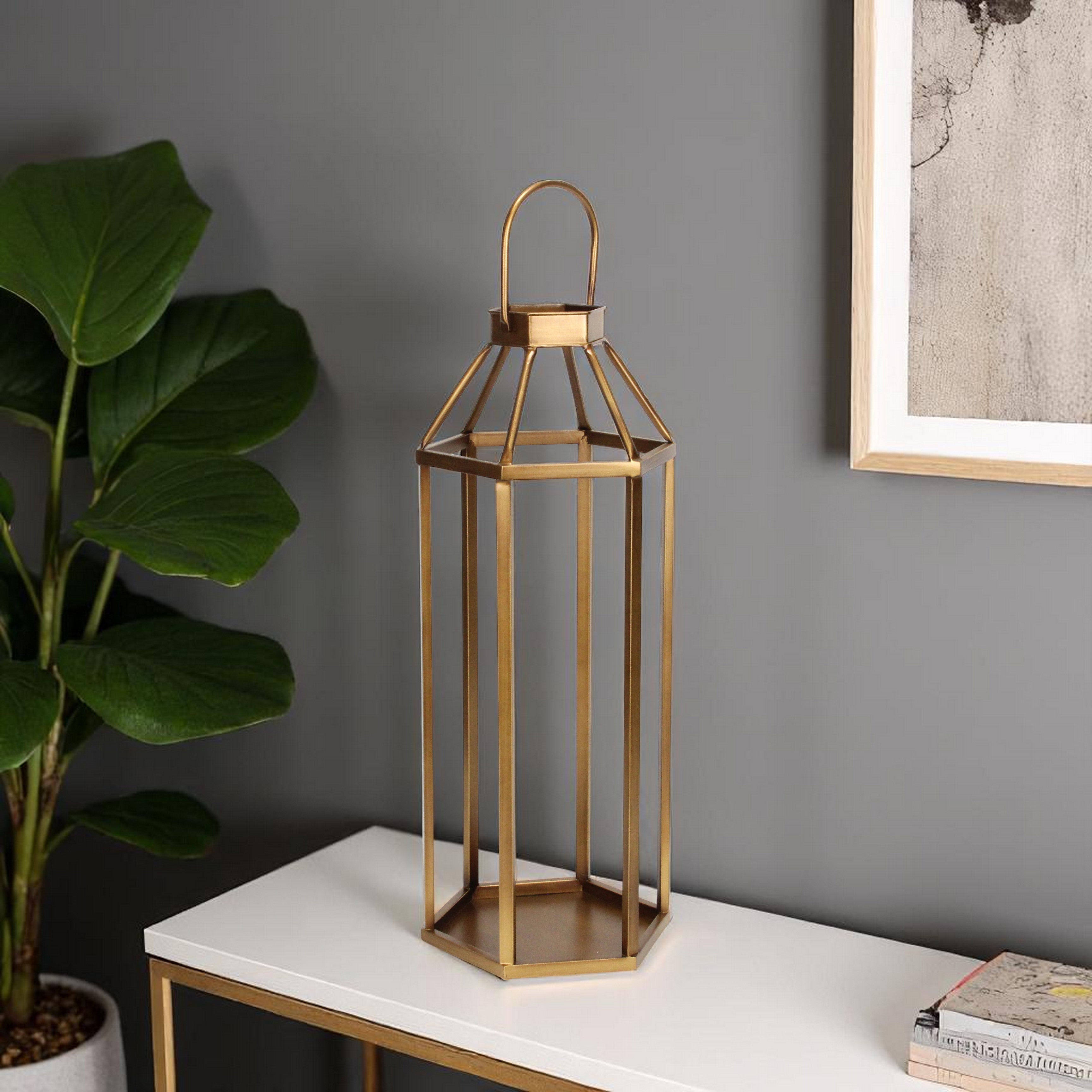 32" Gold Geometric Metal Floor Lantern Candle Holder-Candle Holders-DECOROLALA