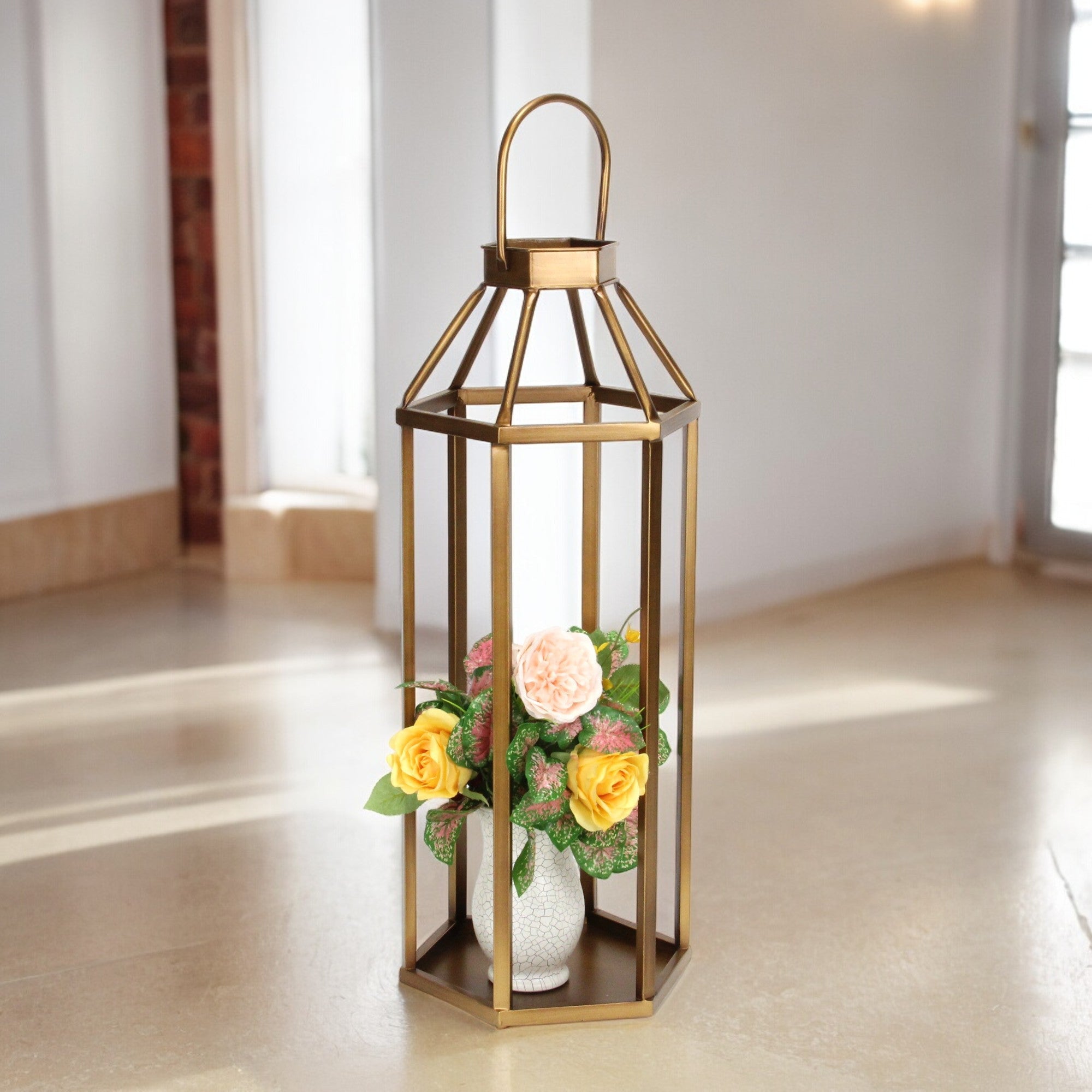 32" Gold Geometric Metal Floor Lantern Candle Holder-Candle Holders-DECOROLALA