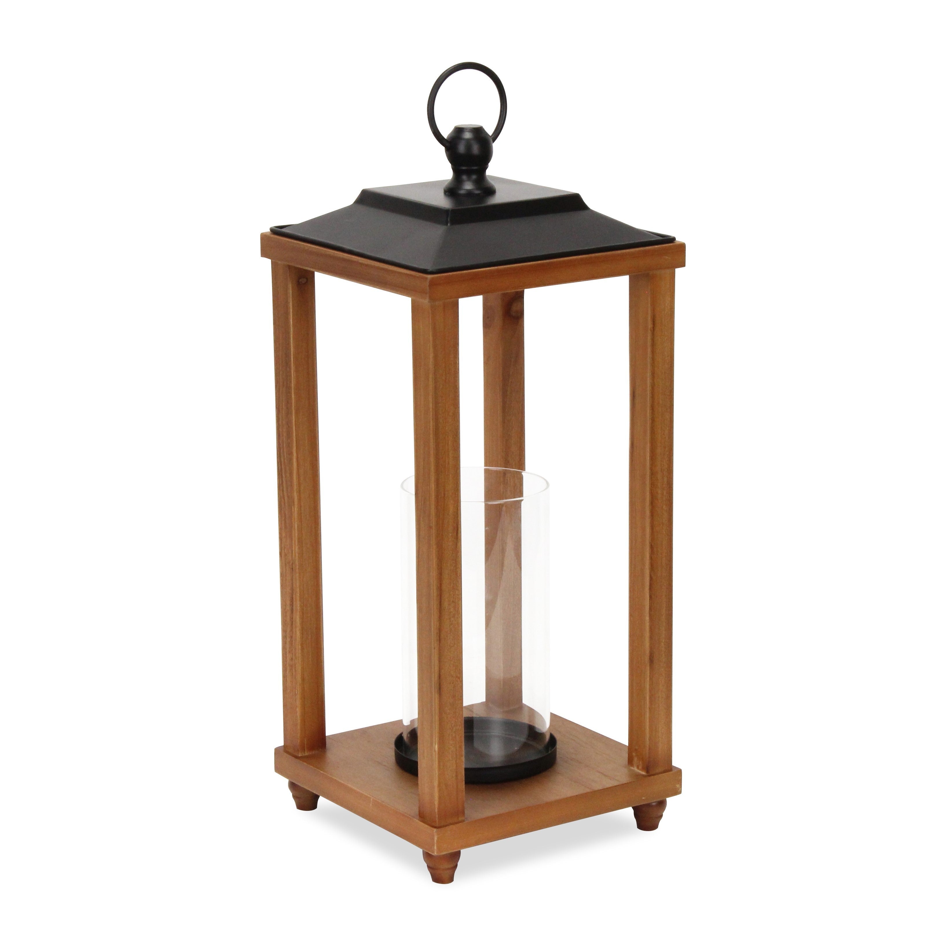 21" Brown And Black Geometric Metal And Solid Wood Tabletop Lantern Candle Holder-Candle Holders-DECOROLALA