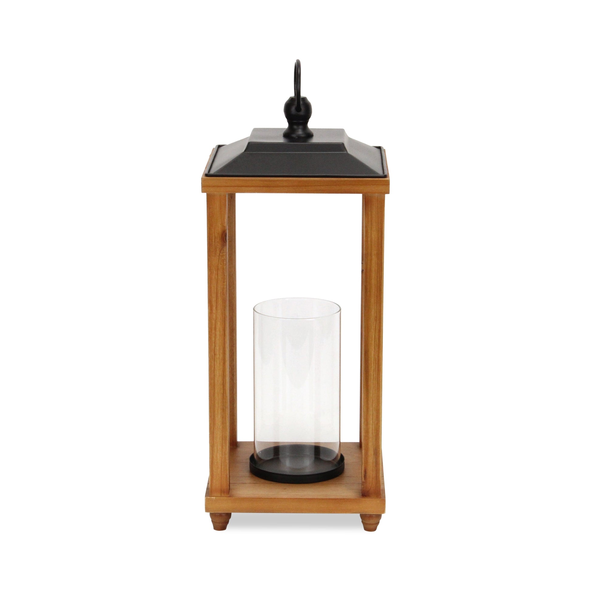 21" Brown And Black Geometric Metal And Solid Wood Tabletop Lantern Candle Holder-Candle Holders-DECOROLALA
