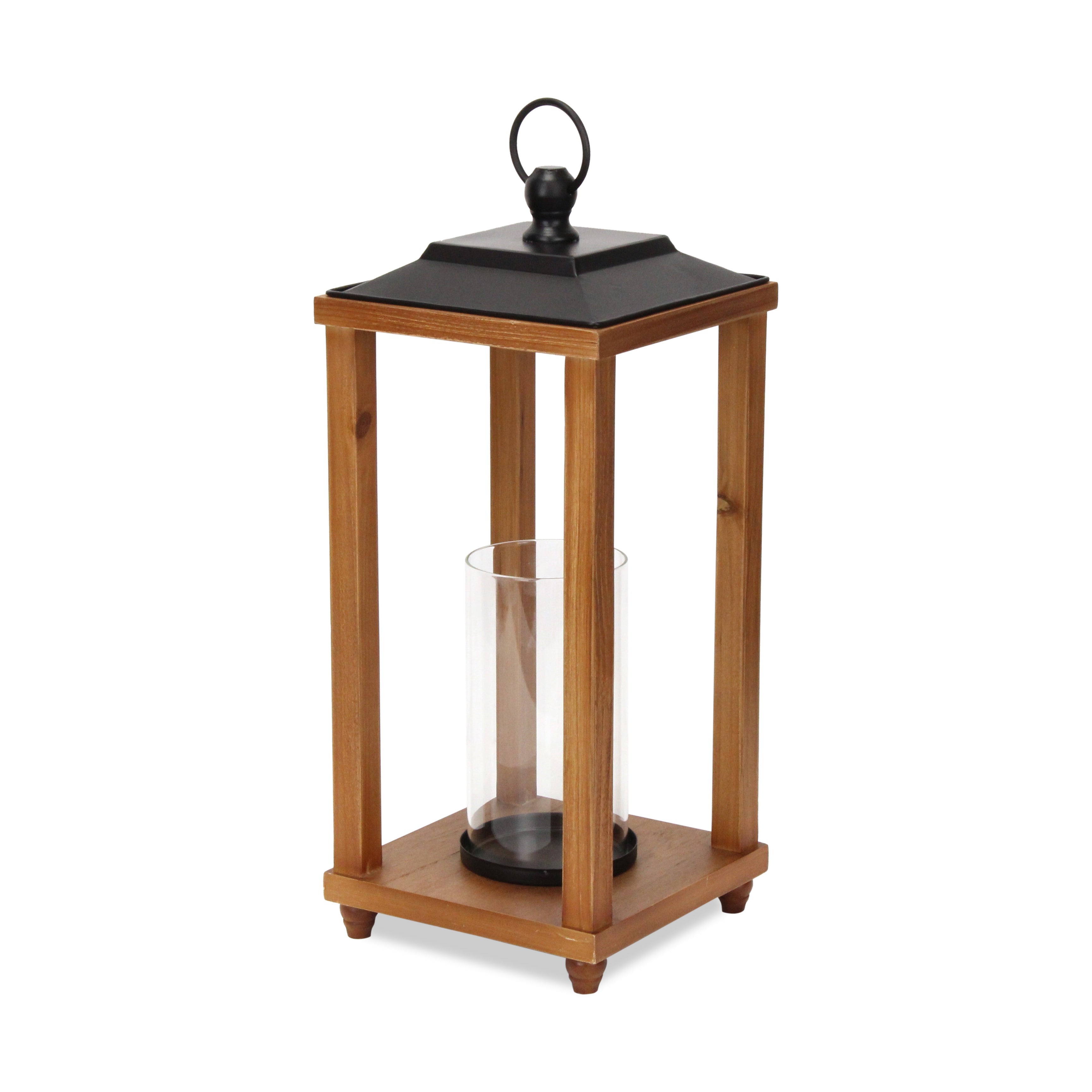 21" Brown And Black Geometric Metal And Solid Wood Tabletop Lantern Candle Holder-Candle Holders-DECOROLALA