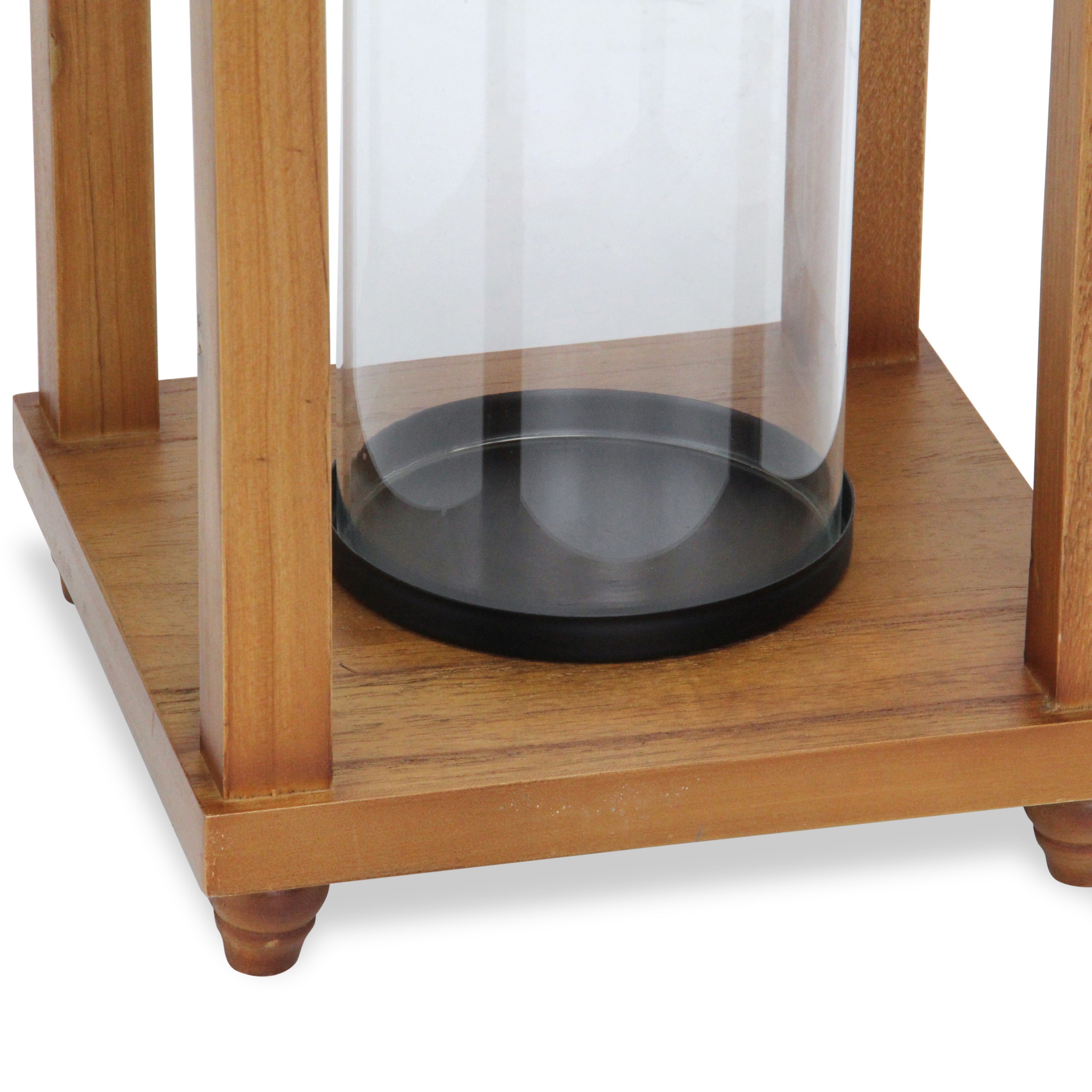 21" Brown And Black Geometric Metal And Solid Wood Tabletop Lantern Candle Holder-Candle Holders-DECOROLALA
