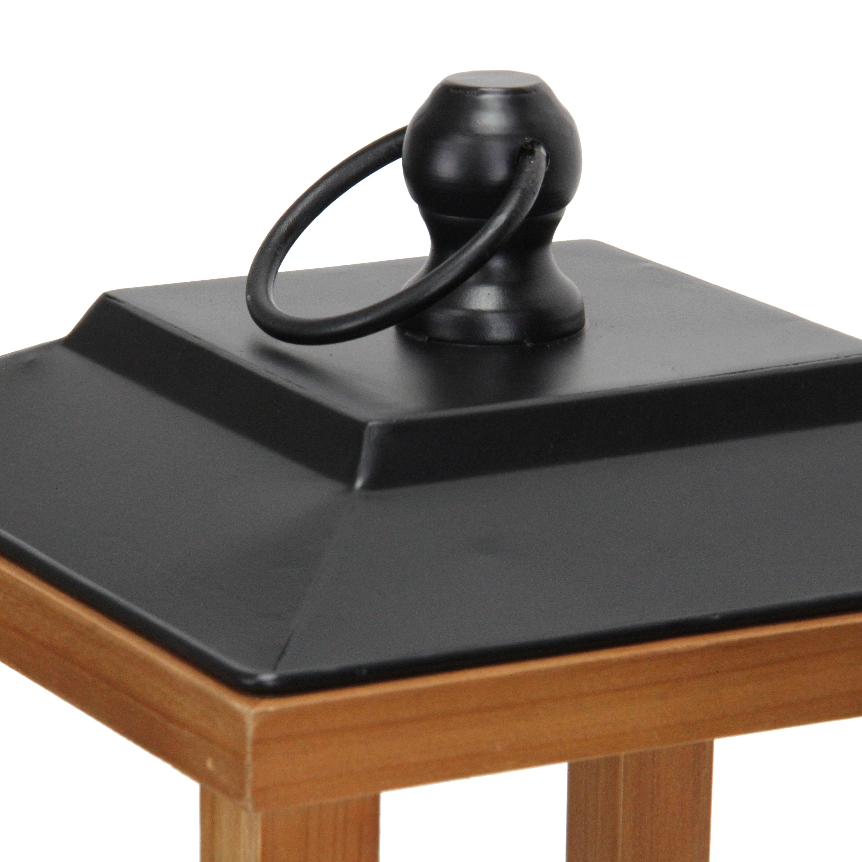 21" Brown And Black Geometric Metal And Solid Wood Tabletop Lantern Candle Holder-Candle Holders-DECOROLALA