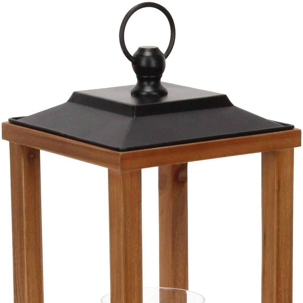 21" Brown And Black Geometric Metal And Solid Wood Tabletop Lantern Candle Holder-Candle Holders-DECOROLALA