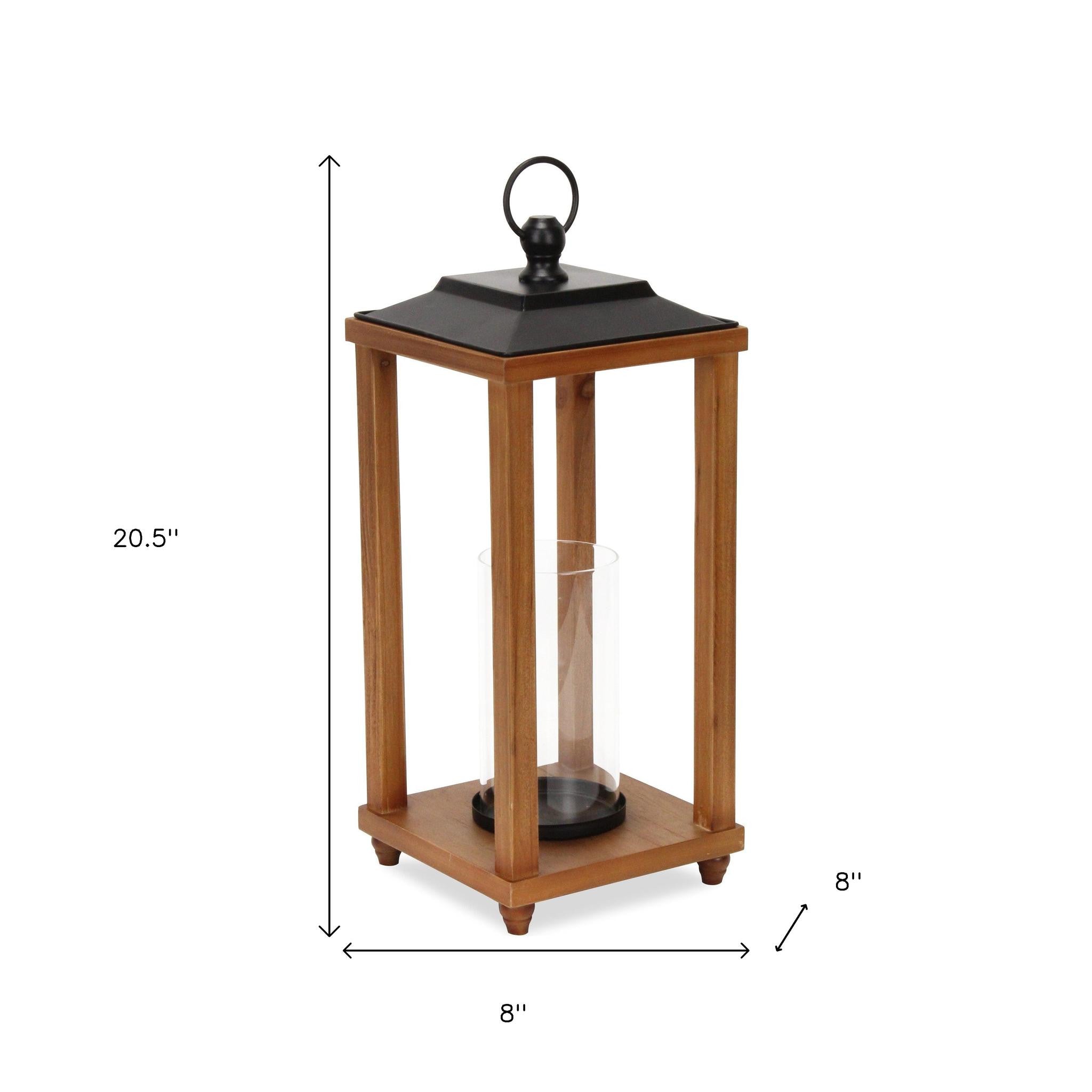 21" Brown And Black Geometric Metal And Solid Wood Tabletop Lantern Candle Holder-Candle Holders-DECOROLALA