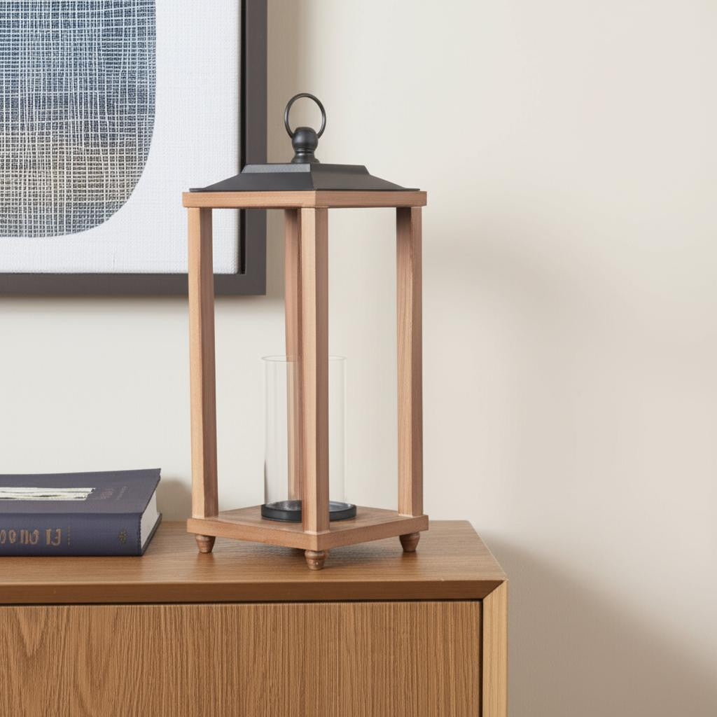 21" Brown And Black Geometric Metal And Solid Wood Tabletop Lantern Candle Holder-Candle Holders-DECOROLALA