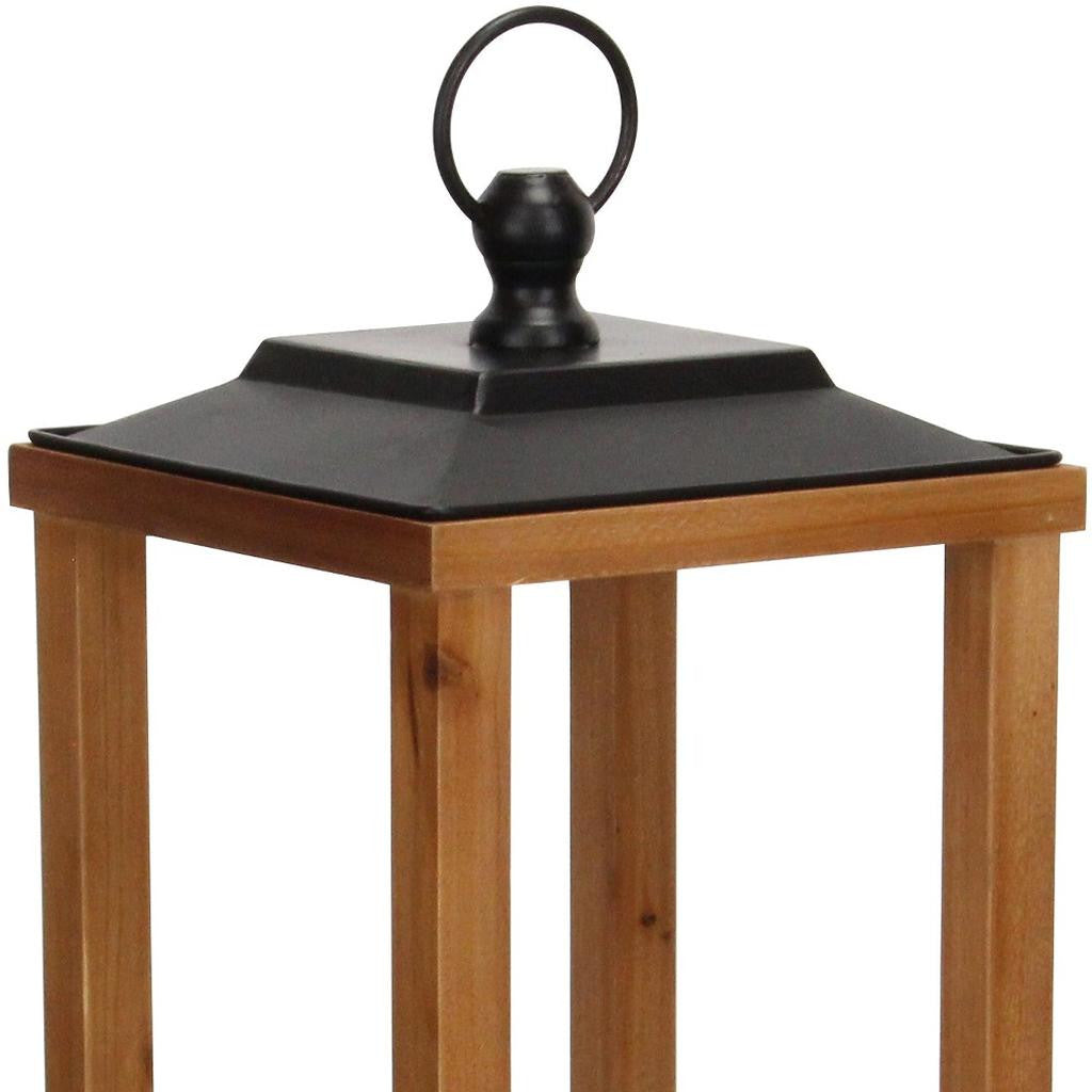 24" Brown And Black Geometric Metal And Solid Wood Floor Lantern Candle Holder-Candle Holders-DECOROLALA