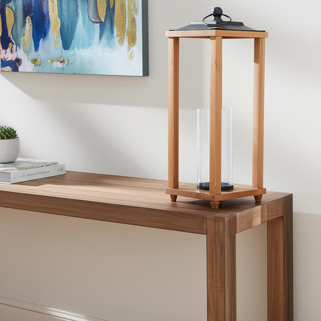 24" Brown And Black Geometric Metal And Solid Wood Floor Lantern Candle Holder-Candle Holders-DECOROLALA