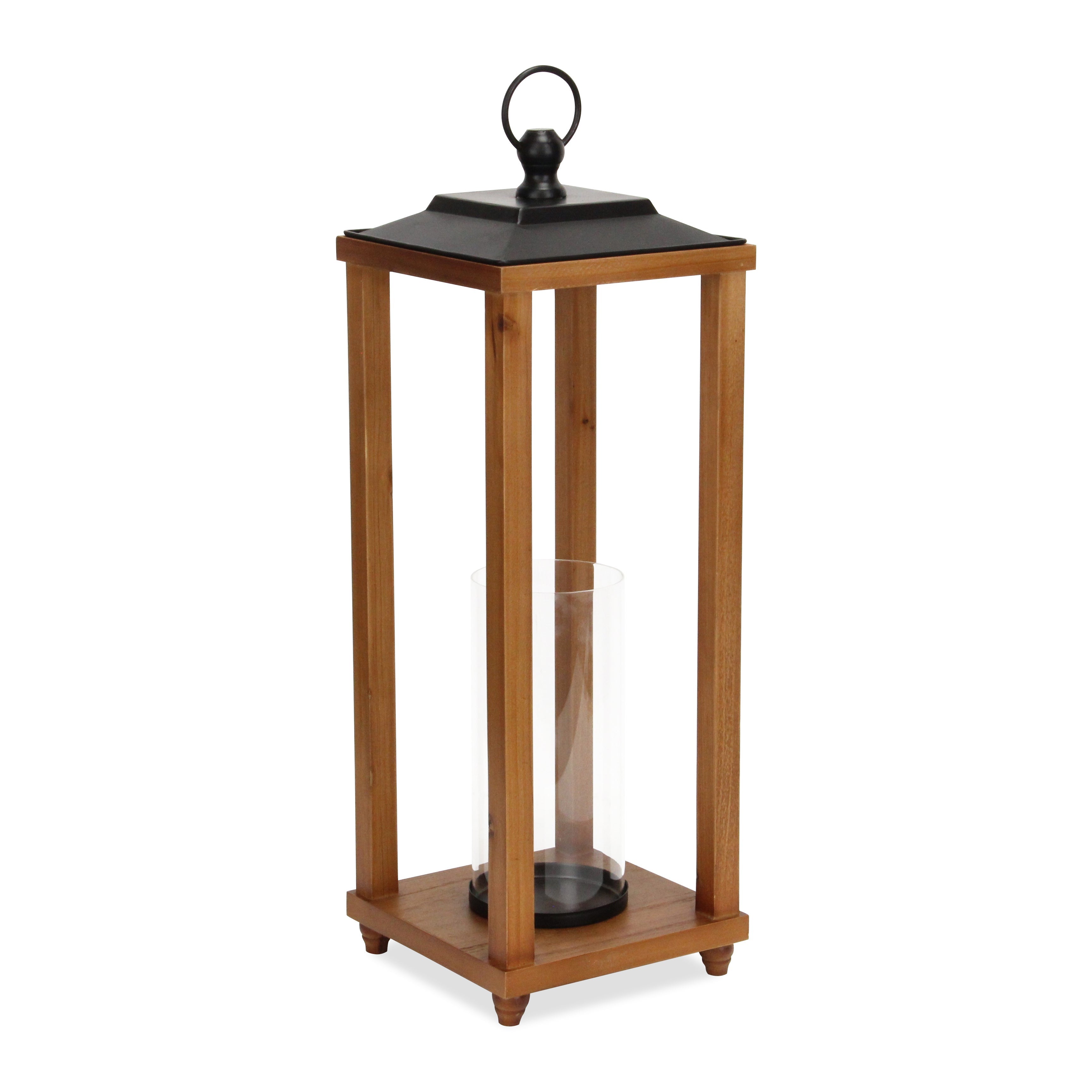 24" Brown And Black Geometric Metal And Solid Wood Floor Lantern Candle Holder-Candle Holders-DECOROLALA
