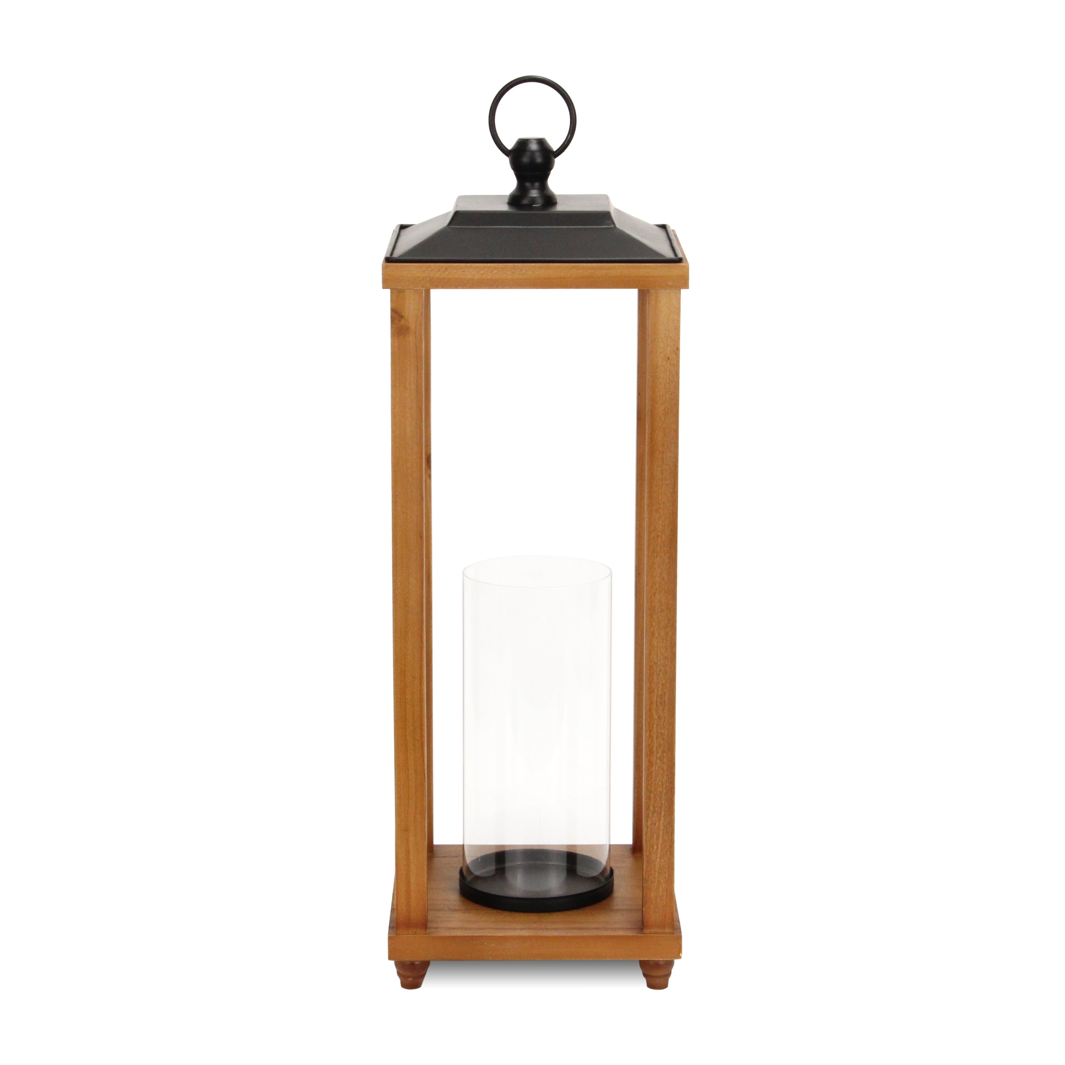 24" Brown And Black Geometric Metal And Solid Wood Floor Lantern Candle Holder-Candle Holders-DECOROLALA