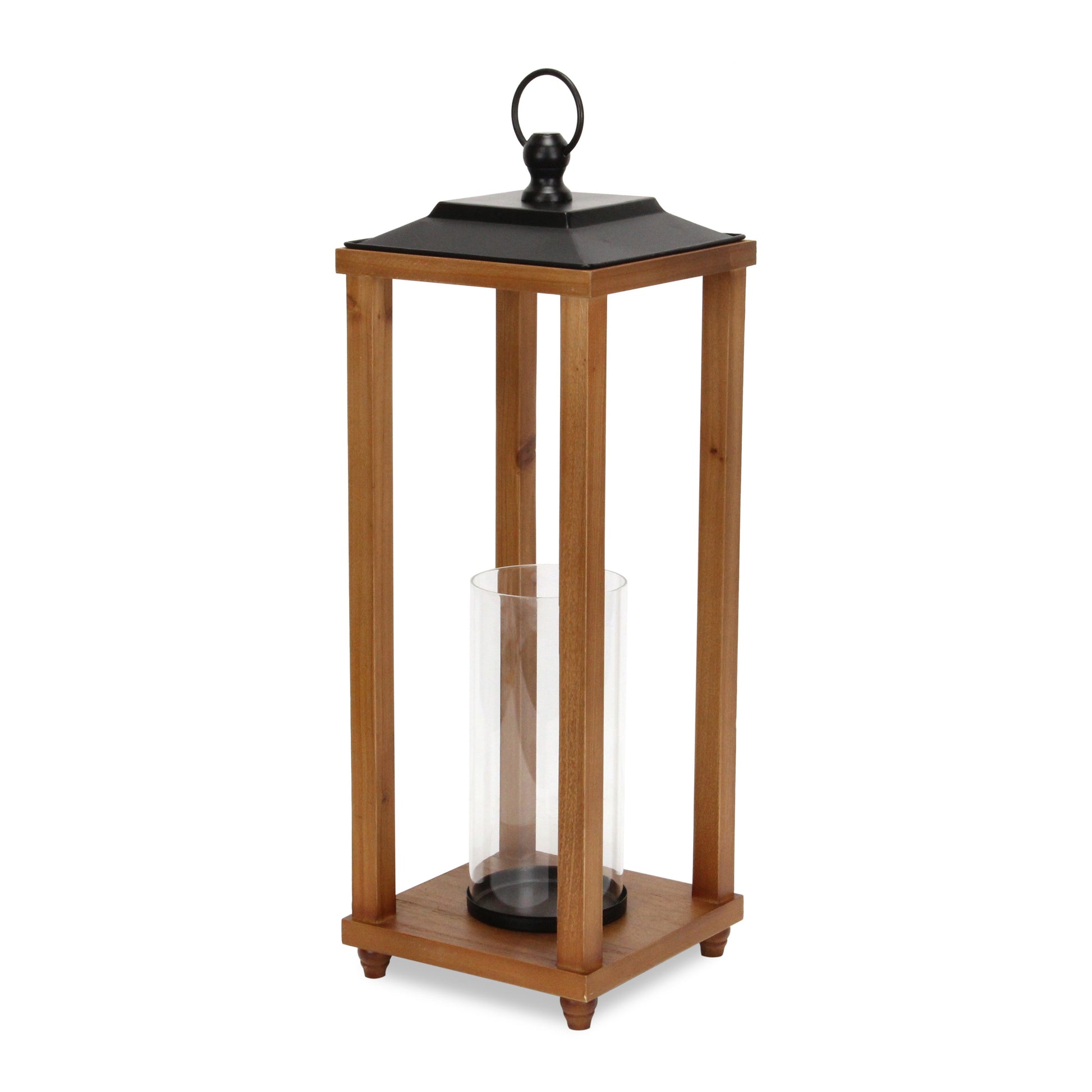 24" Brown And Black Geometric Metal And Solid Wood Floor Lantern Candle Holder-Candle Holders-DECOROLALA
