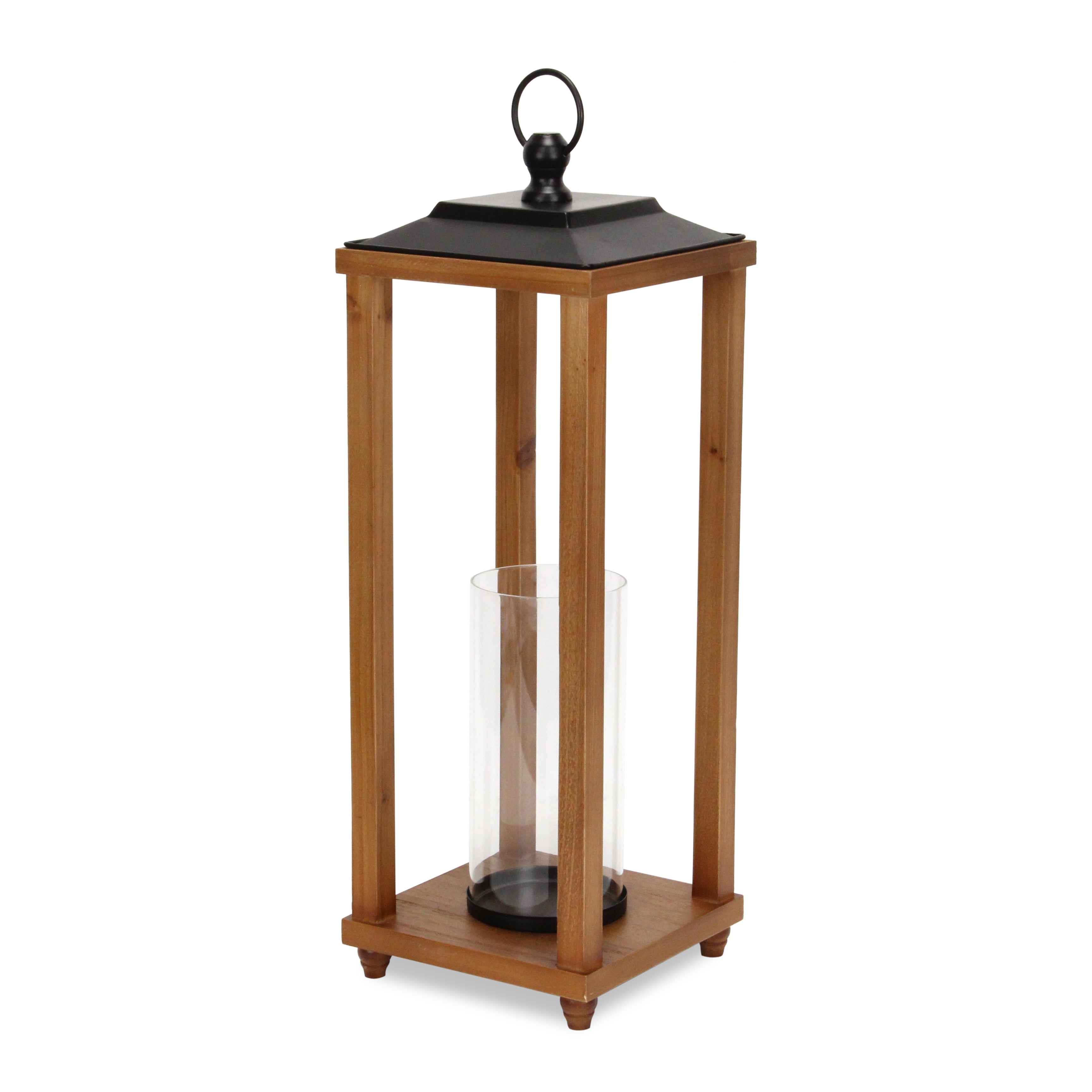 24" Brown And Black Geometric Metal And Solid Wood Floor Lantern Candle Holder-Candle Holders-DECOROLALA