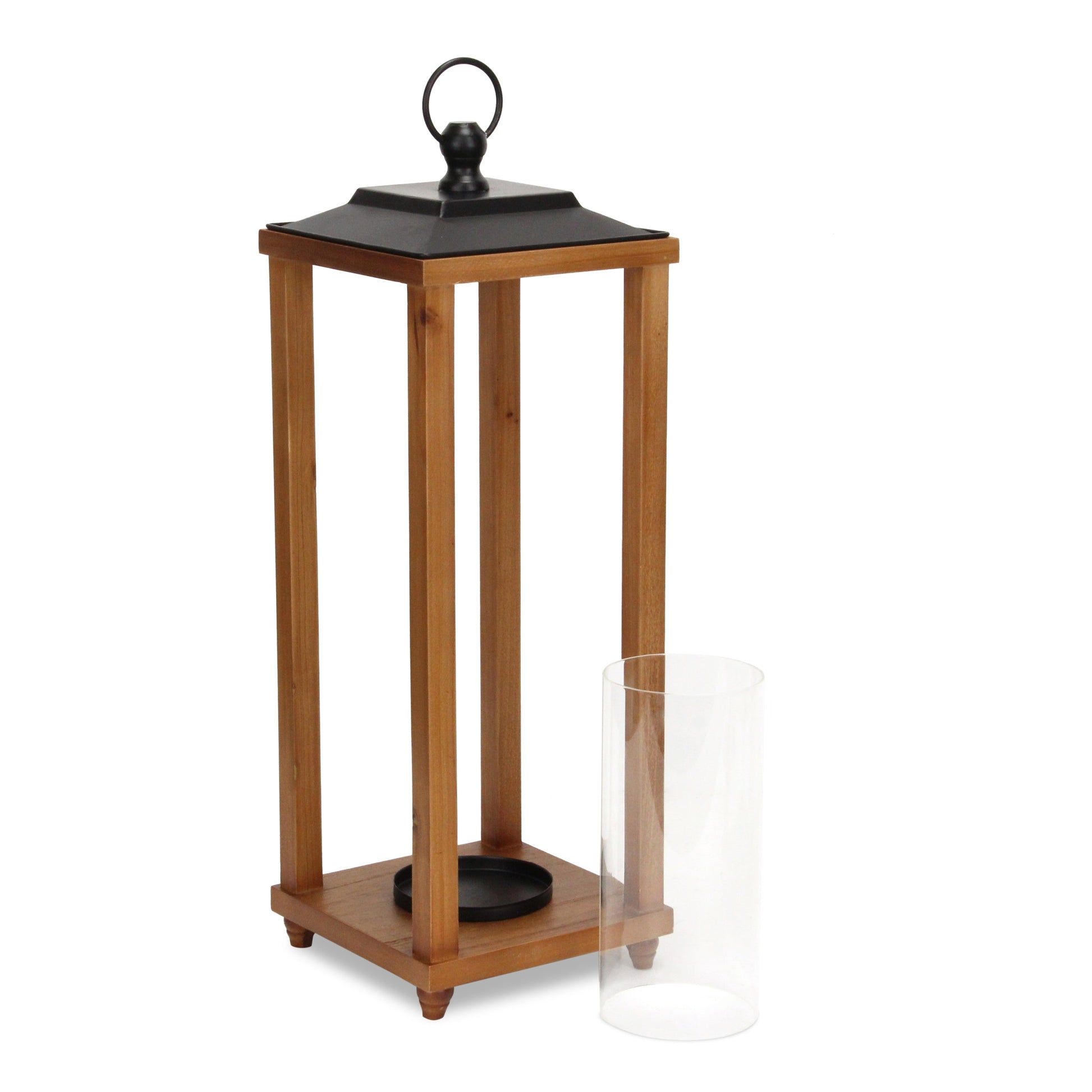 24" Brown And Black Geometric Metal And Solid Wood Floor Lantern Candle Holder-Candle Holders-DECOROLALA