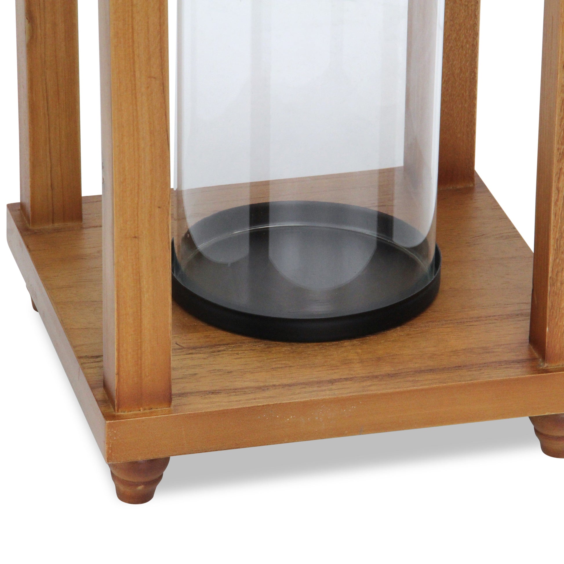 24" Brown And Black Geometric Metal And Solid Wood Floor Lantern Candle Holder-Candle Holders-DECOROLALA