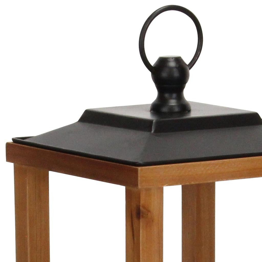 24" Brown And Black Geometric Metal And Solid Wood Floor Lantern Candle Holder-Candle Holders-DECOROLALA