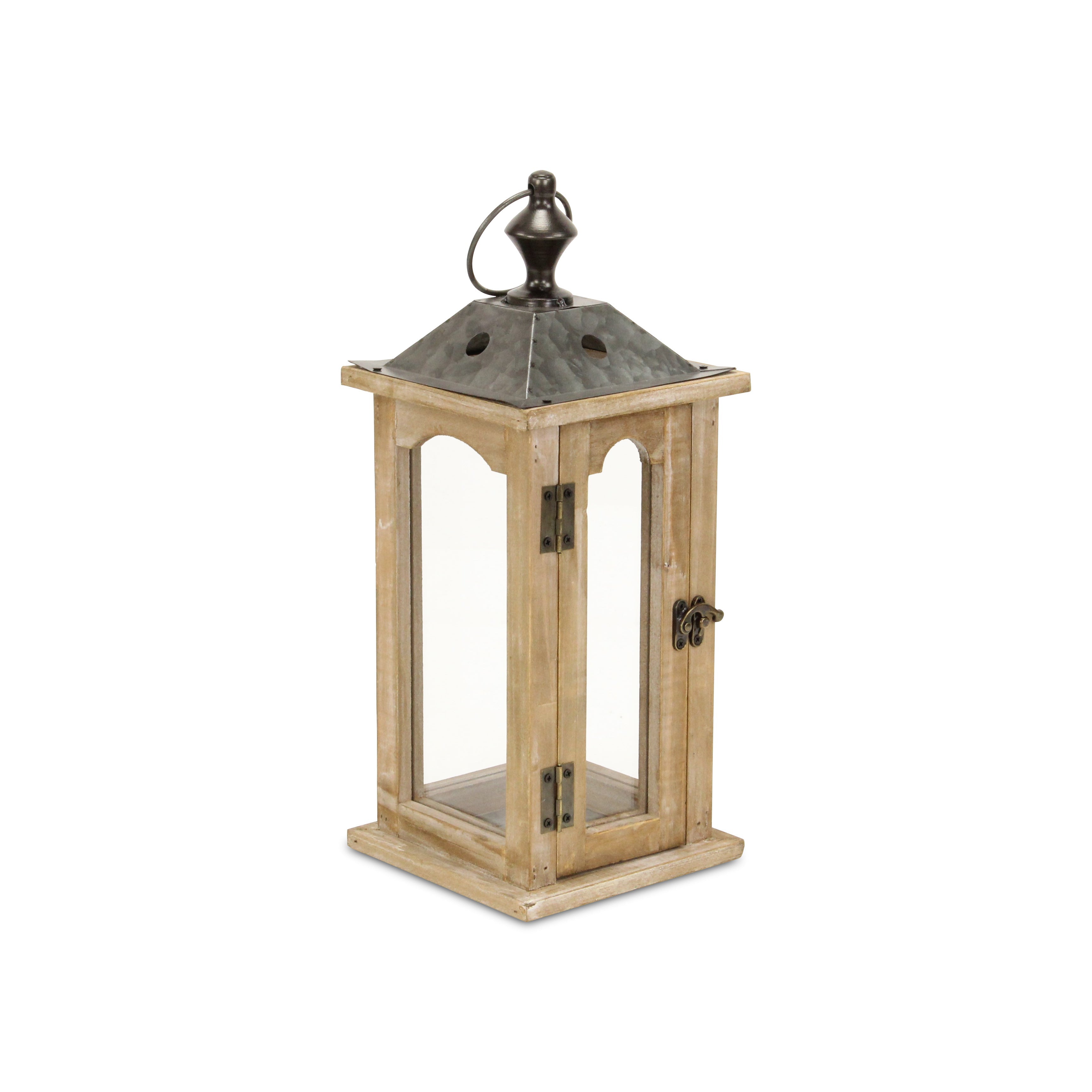 16" Natural And Gray Geometric Metal And Solid Wood Tabletop Lantern Candle Holder-Candle Holders-DECOROLALA