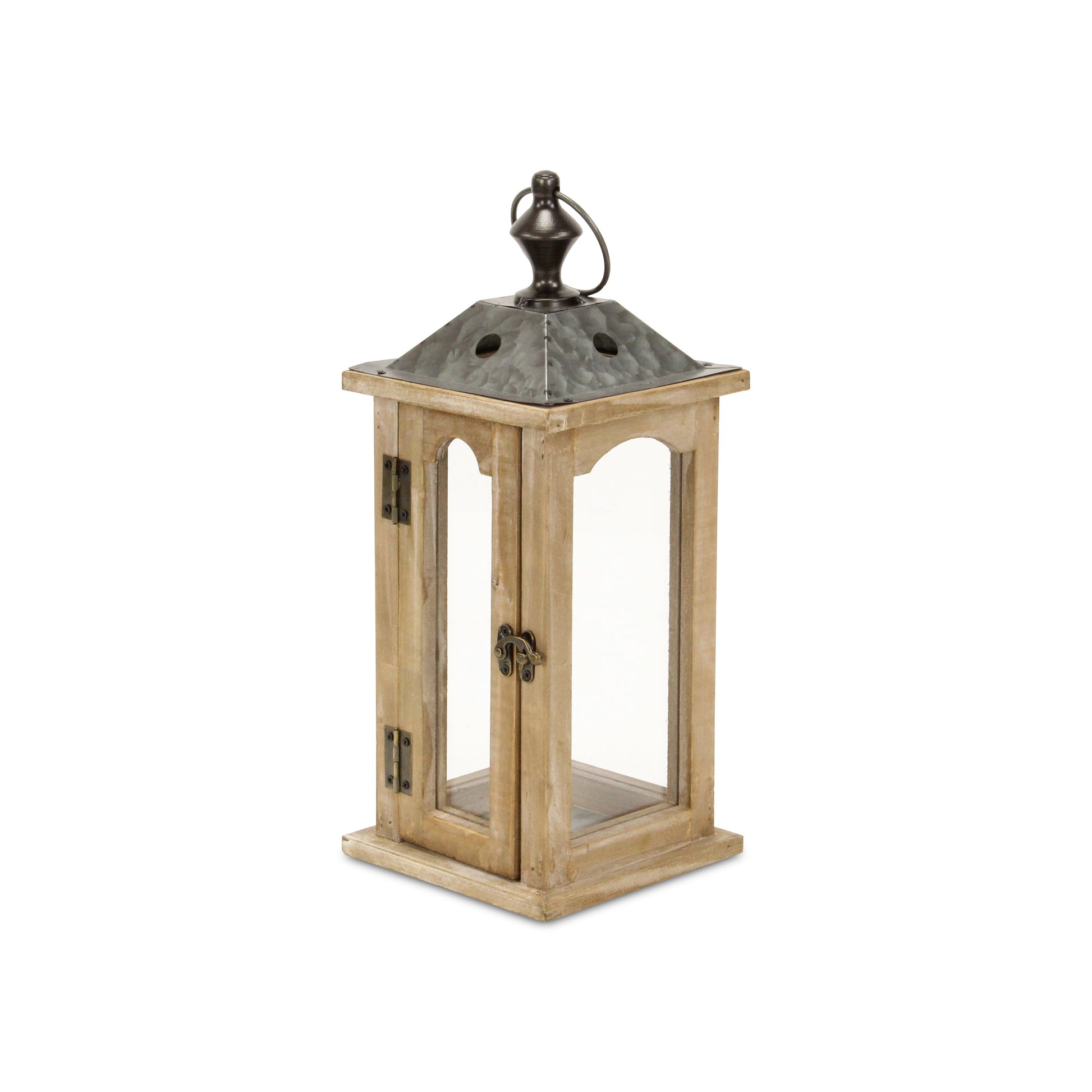 16" Natural And Gray Geometric Metal And Solid Wood Tabletop Lantern Candle Holder-Candle Holders-DECOROLALA