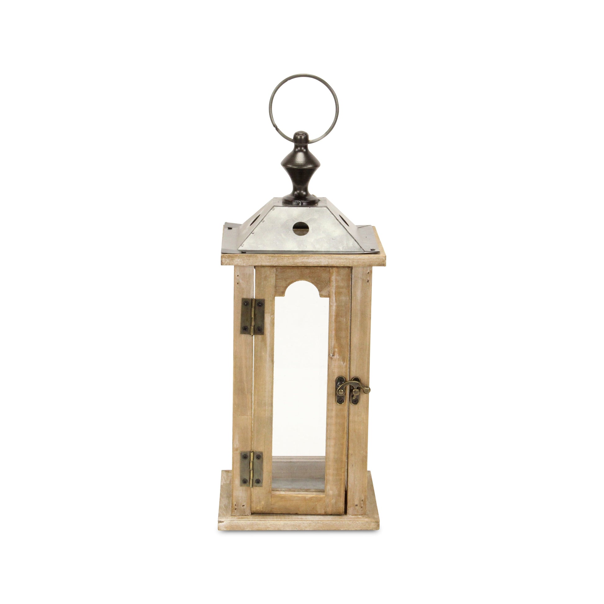 16" Natural And Gray Geometric Metal And Solid Wood Tabletop Lantern Candle Holder-Candle Holders-DECOROLALA