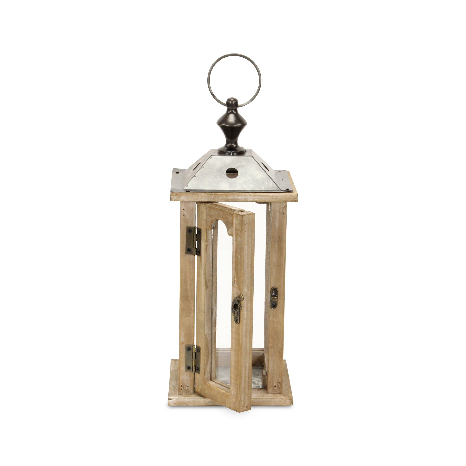 16" Natural And Gray Geometric Metal And Solid Wood Tabletop Lantern Candle Holder-Candle Holders-DECOROLALA