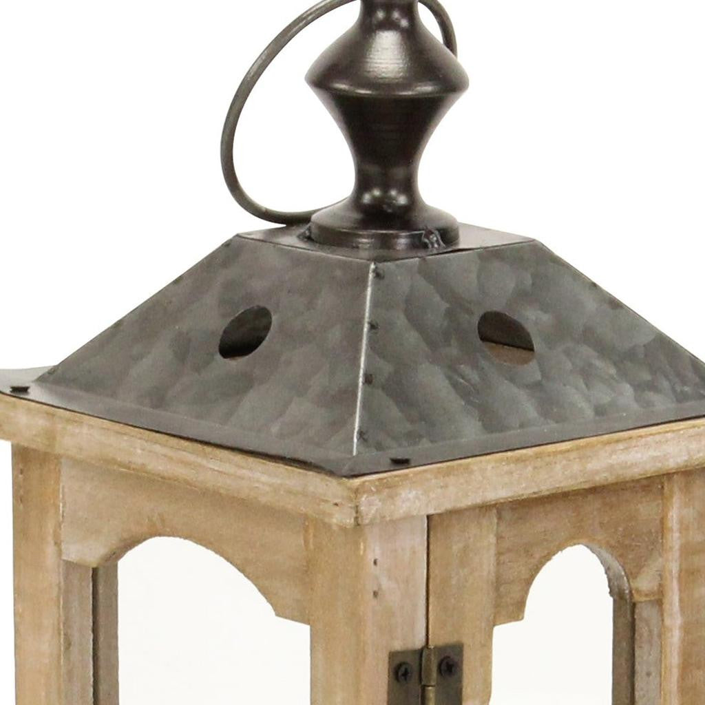 16" Natural And Gray Geometric Metal And Solid Wood Tabletop Lantern Candle Holder-Candle Holders-DECOROLALA