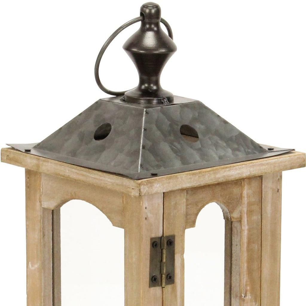 16" Natural And Gray Geometric Metal And Solid Wood Tabletop Lantern Candle Holder-Candle Holders-DECOROLALA