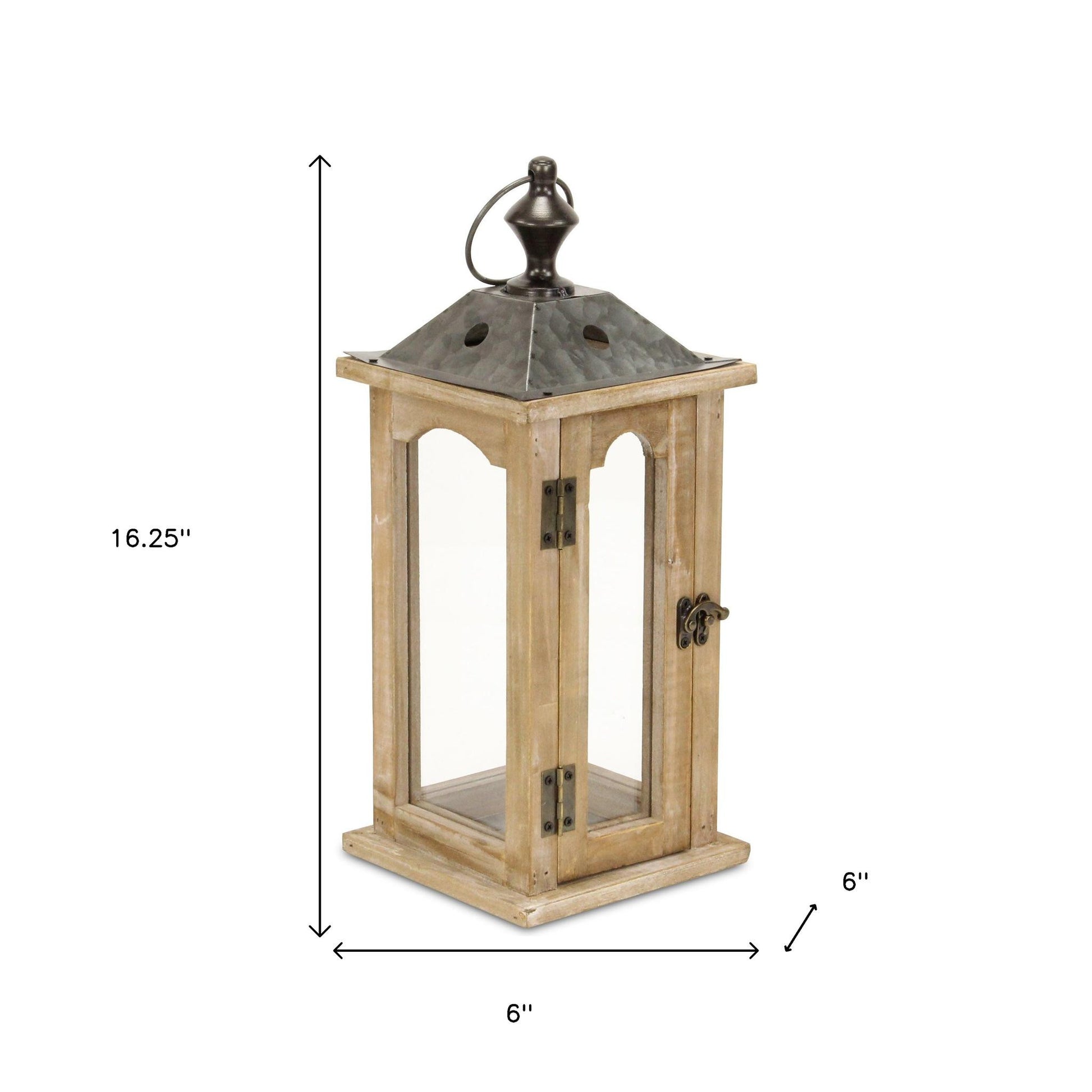 16" Natural And Gray Geometric Metal And Solid Wood Tabletop Lantern Candle Holder-Candle Holders-DECOROLALA
