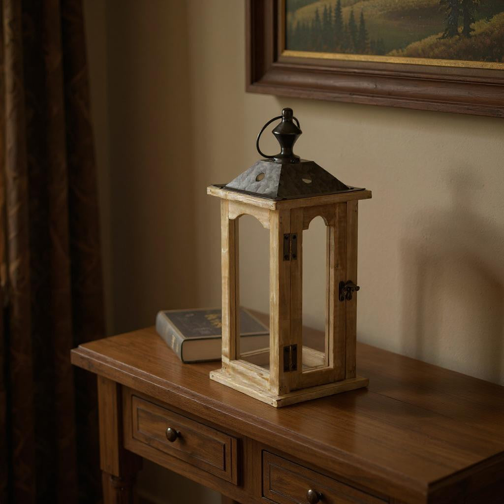 16" Natural And Gray Geometric Metal And Solid Wood Tabletop Lantern Candle Holder-Candle Holders-DECOROLALA