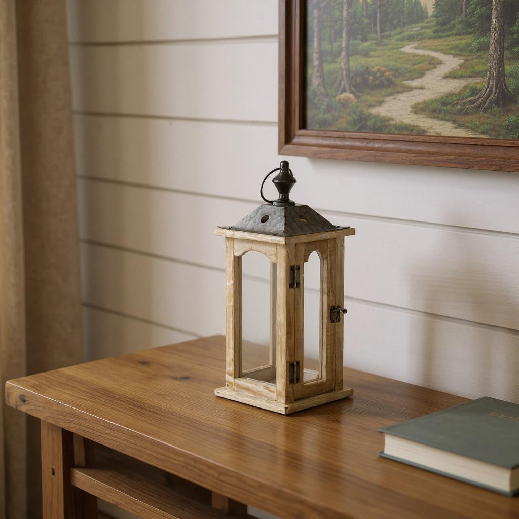 16" Natural And Gray Geometric Metal And Solid Wood Tabletop Lantern Candle Holder-Candle Holders-DECOROLALA