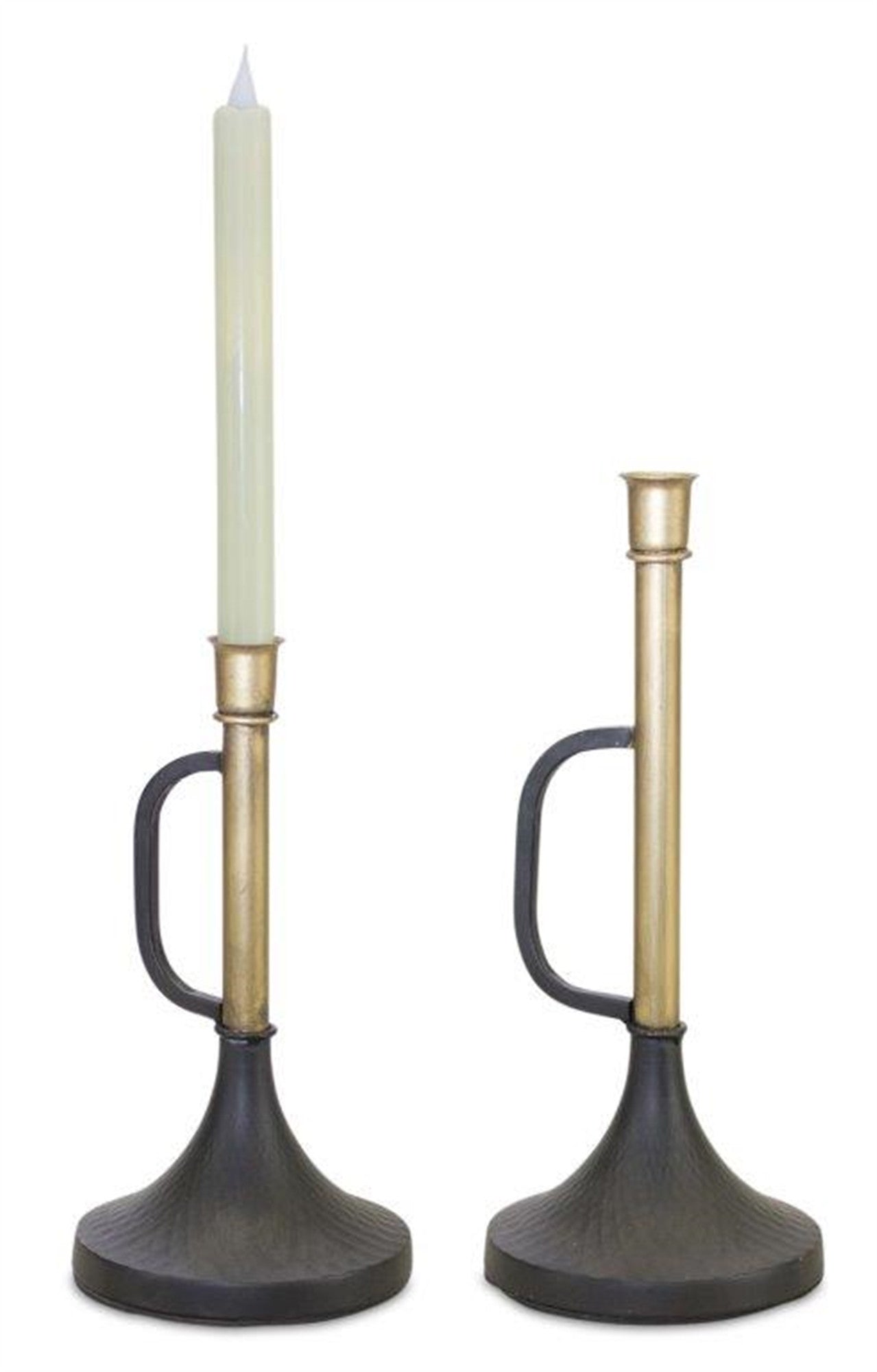 Set of Two Black And Gold Distressed Metal Tabletop Taper Candlesticks-Candle Holders-DECOROLALA