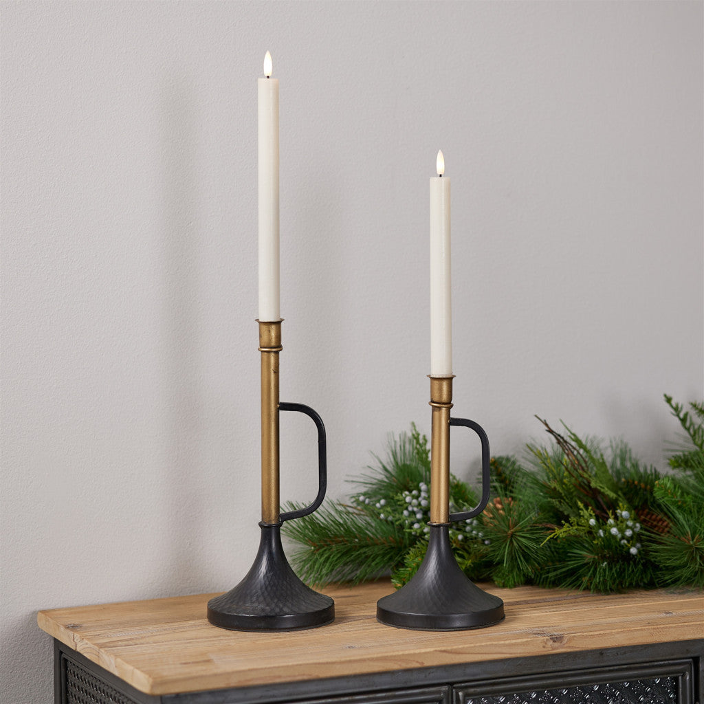Set of Two Black And Gold Distressed Metal Tabletop Taper Candlesticks-Candle Holders-DECOROLALA