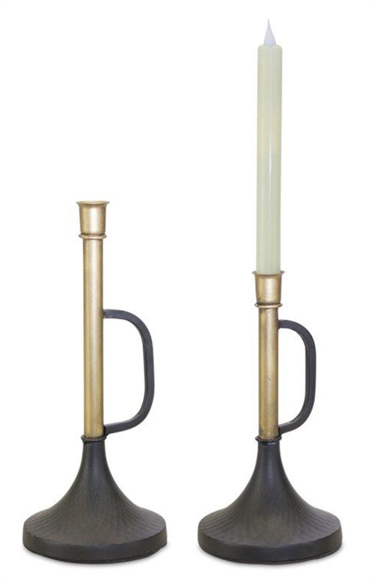Set of Two Black And Gold Distressed Metal Tabletop Taper Candlesticks-Candle Holders-DECOROLALA