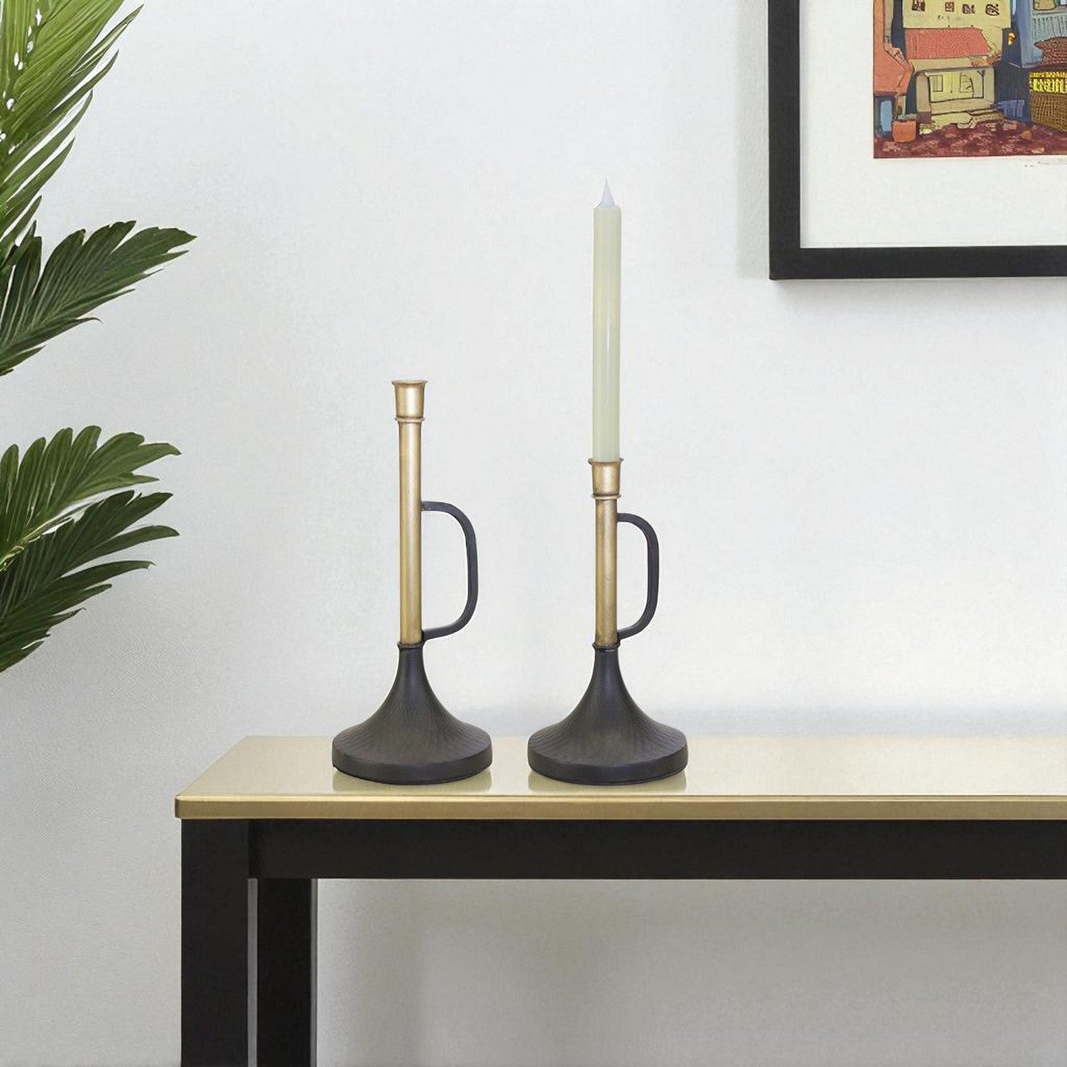 Set of Two Black And Gold Distressed Metal Tabletop Taper Candlesticks-Candle Holders-DECOROLALA