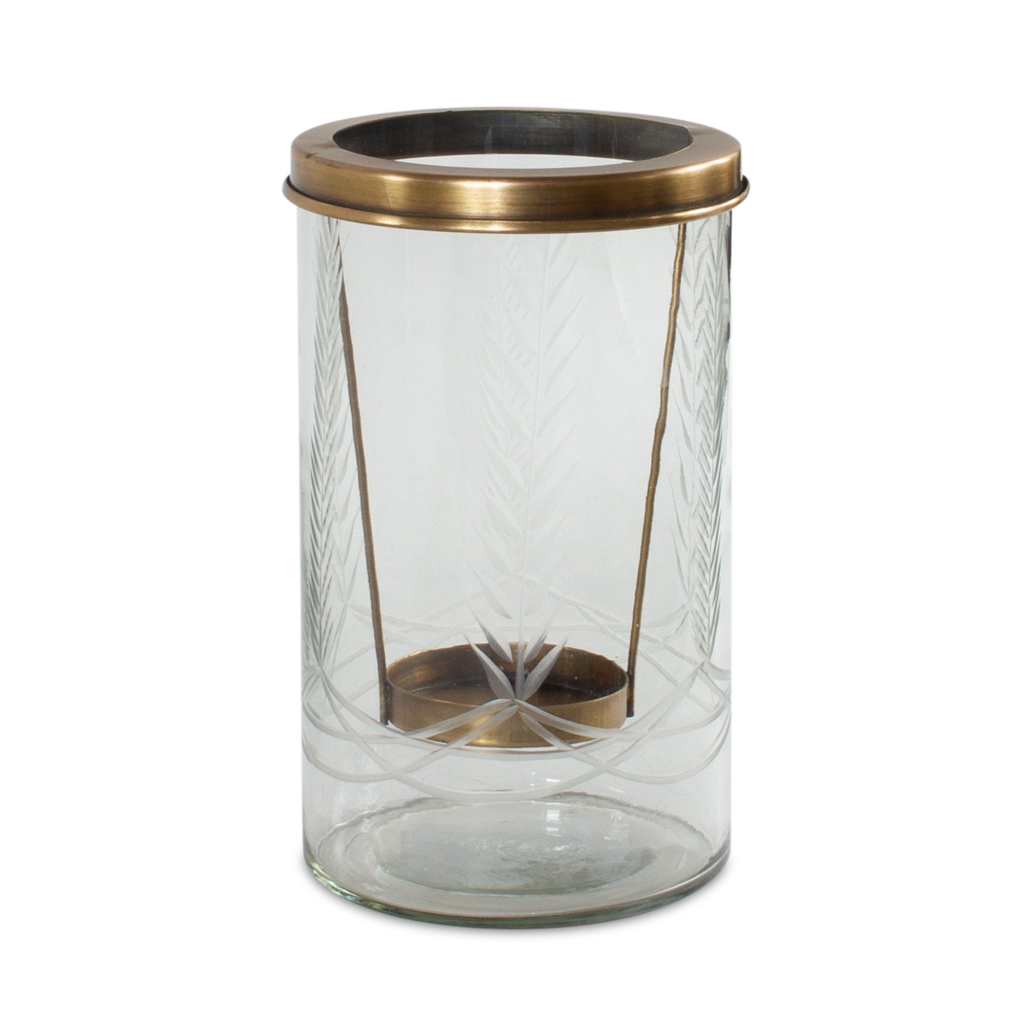 9" Clear And Gold Botanical Leaf Glass And Metal Tabletop Hurricane Candle Holder-Candle Holders-DECOROLALA
