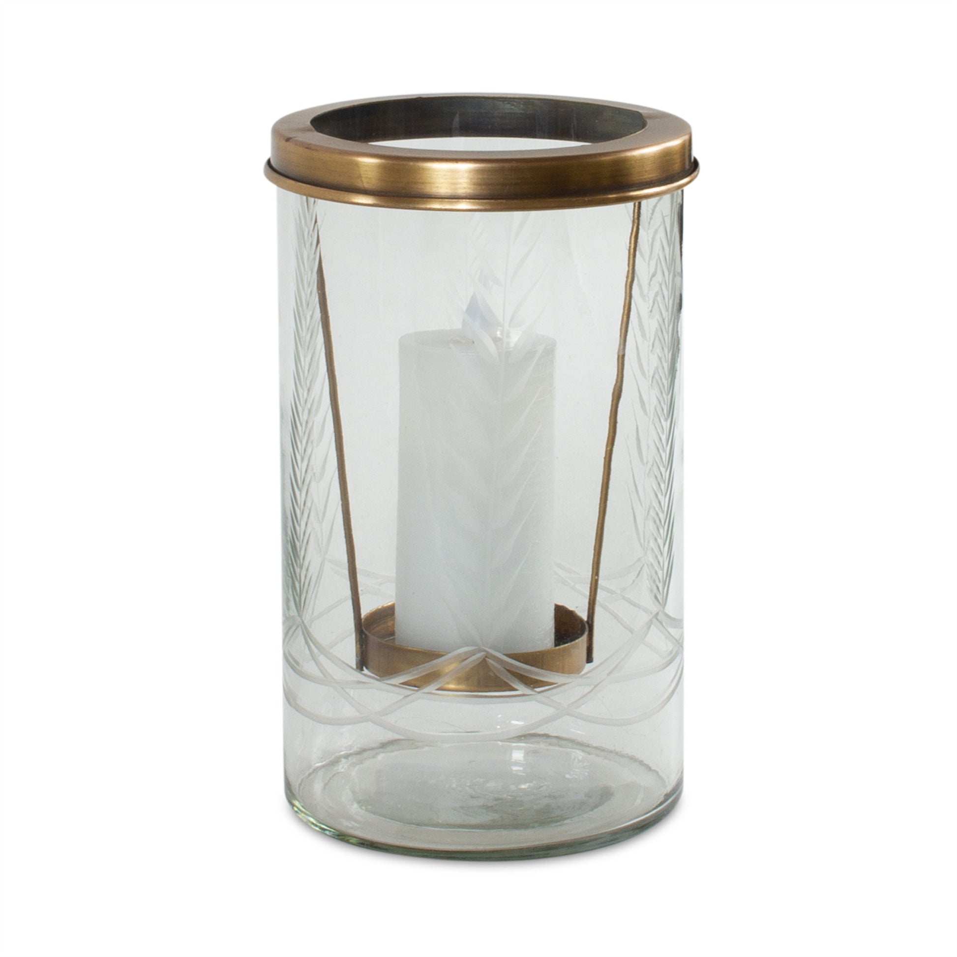 9" Clear And Gold Botanical Leaf Glass And Metal Tabletop Hurricane Candle Holder-Candle Holders-DECOROLALA