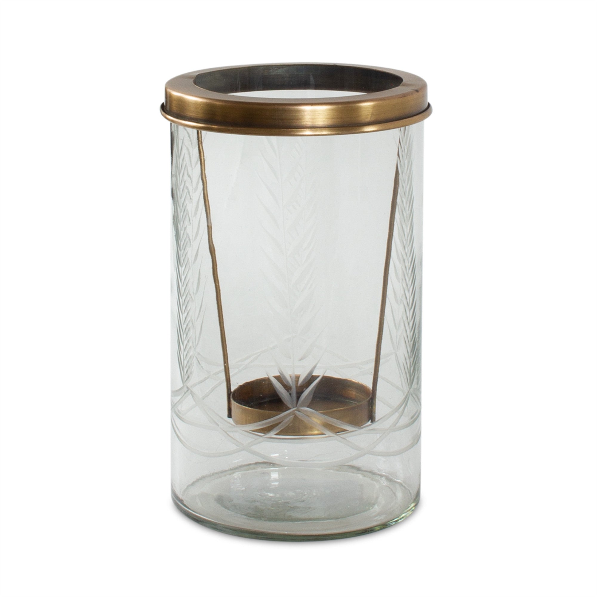 9" Clear And Gold Botanical Leaf Glass And Metal Tabletop Hurricane Candle Holder-Candle Holders-DECOROLALA