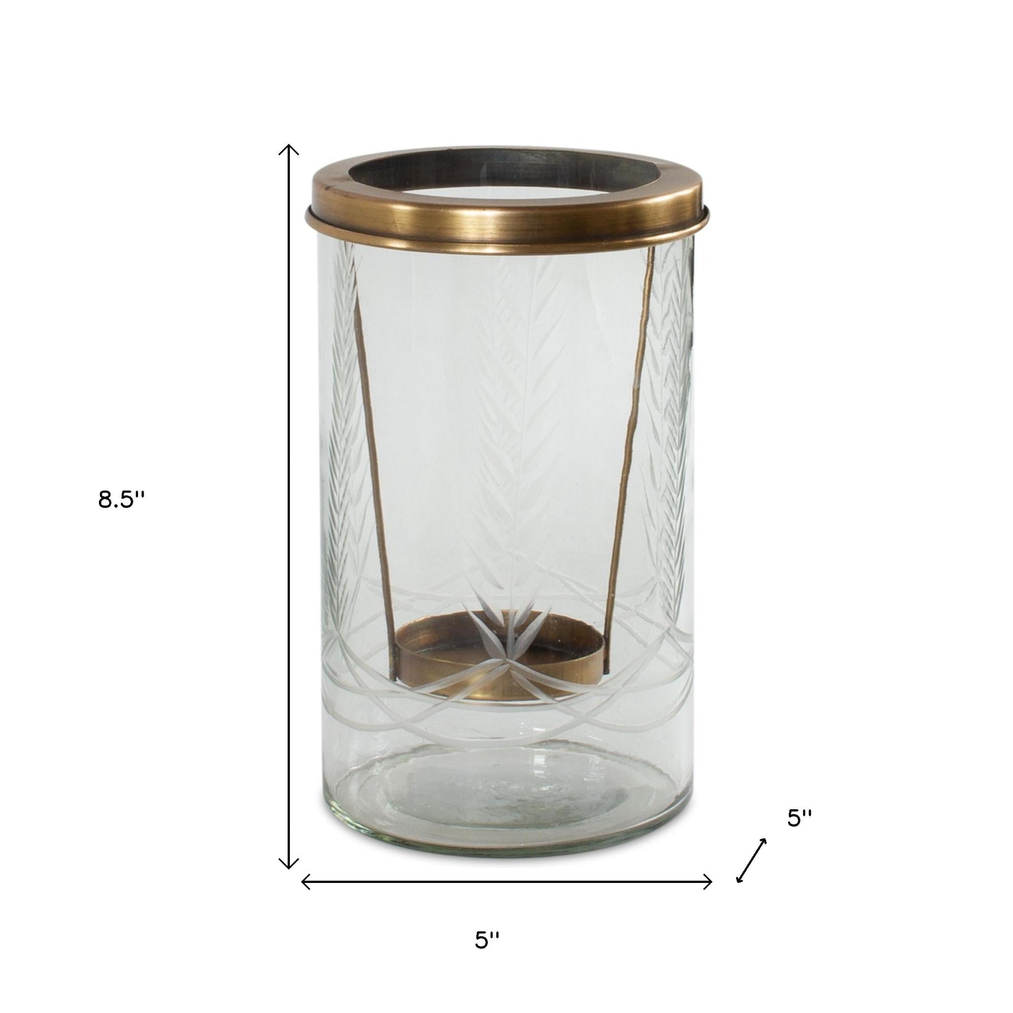 9" Clear And Gold Botanical Leaf Glass And Metal Tabletop Hurricane Candle Holder-Candle Holders-DECOROLALA