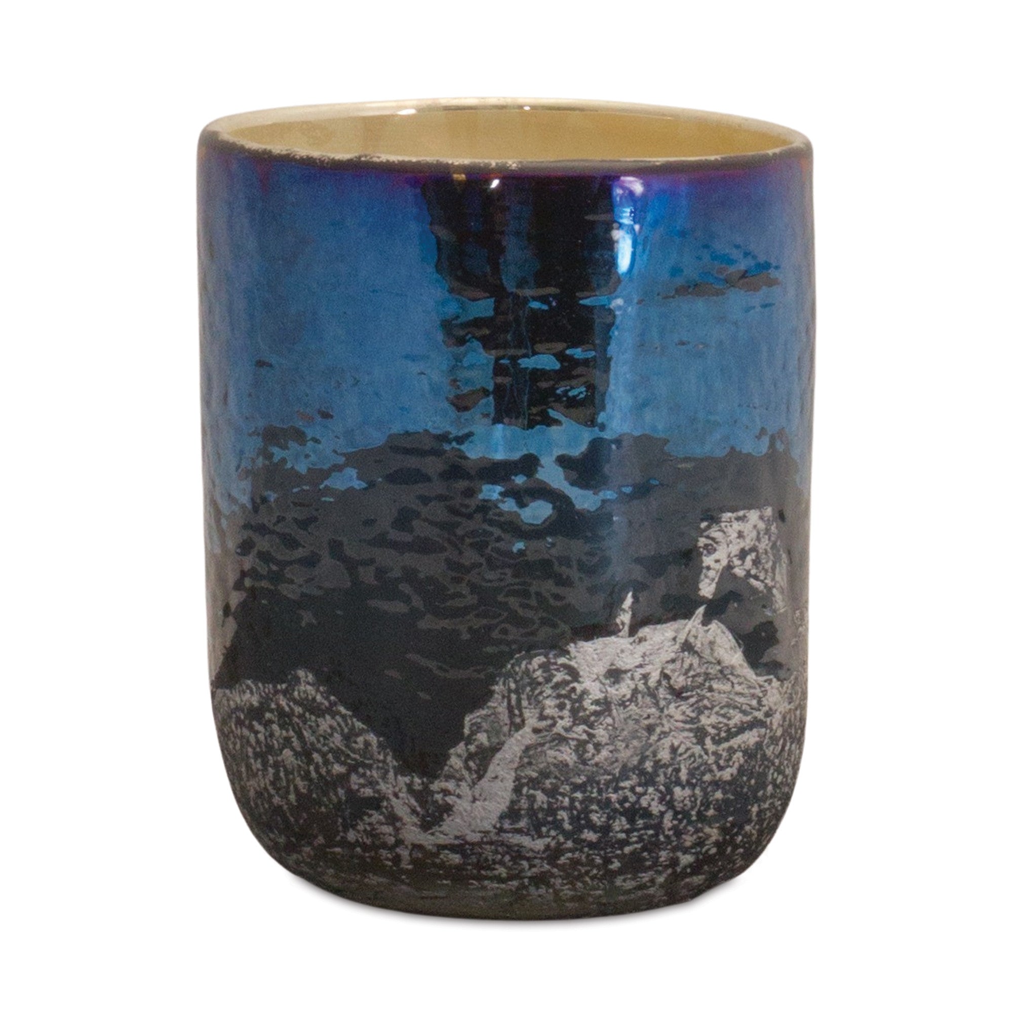5" Navy Blue And Silver Abstract Glass Tabletop Pillar Candle Holder-Candle Holders-DECOROLALA