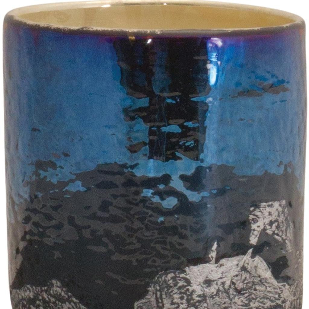 5" Navy Blue And Silver Abstract Glass Tabletop Pillar Candle Holder-Candle Holders-DECOROLALA