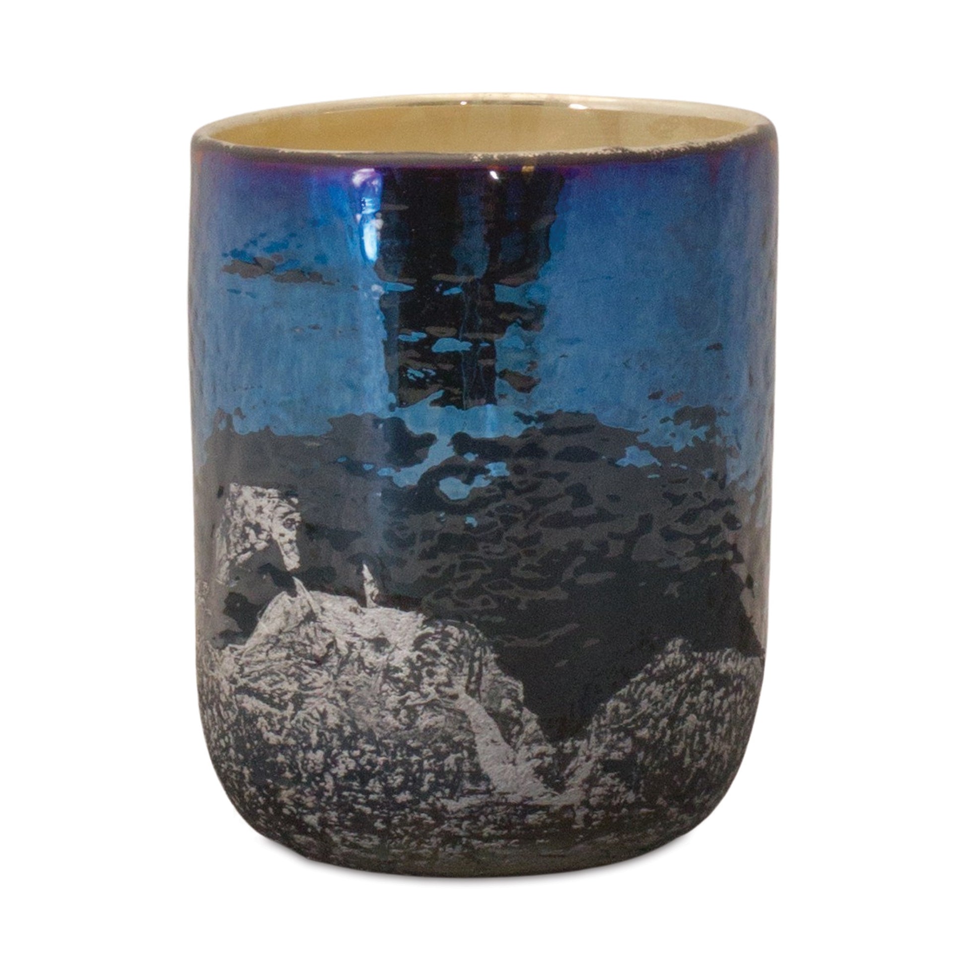 5" Navy Blue And Silver Abstract Glass Tabletop Pillar Candle Holder-Candle Holders-DECOROLALA