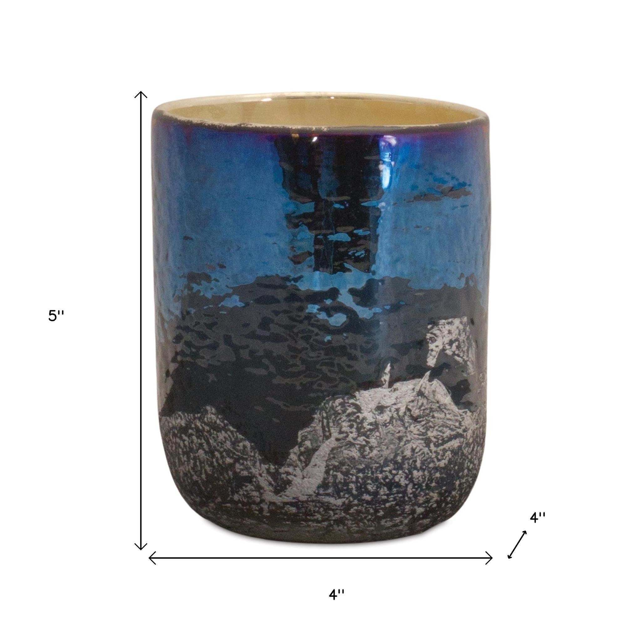 5" Navy Blue And Silver Abstract Glass Tabletop Pillar Candle Holder-Candle Holders-DECOROLALA