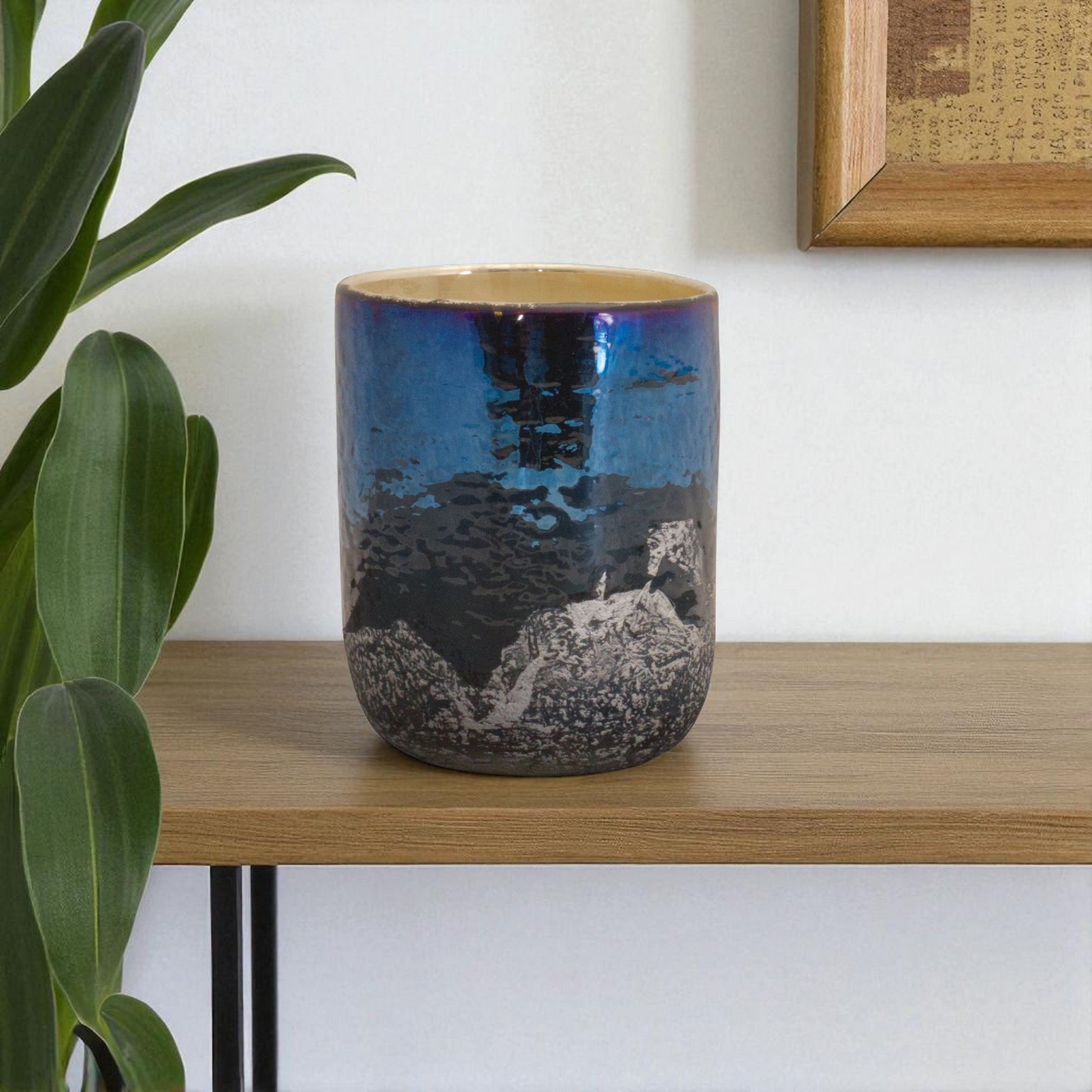 5" Navy Blue And Silver Abstract Glass Tabletop Pillar Candle Holder-Candle Holders-DECOROLALA