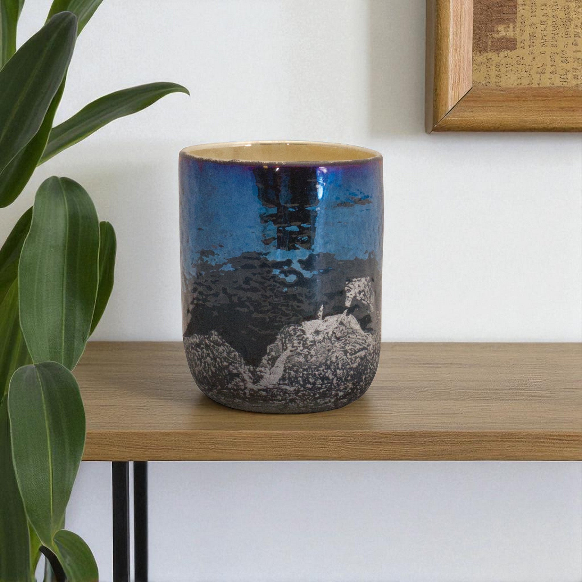 5" Navy Blue And Silver Abstract Glass Tabletop Pillar Candle Holder-Candle Holders-DECOROLALA