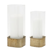 Set of Two Clear And Gold Hammered Glass And Metal Tabletop Hurricane Candle Holders-Candle Holders-DECOROLALA