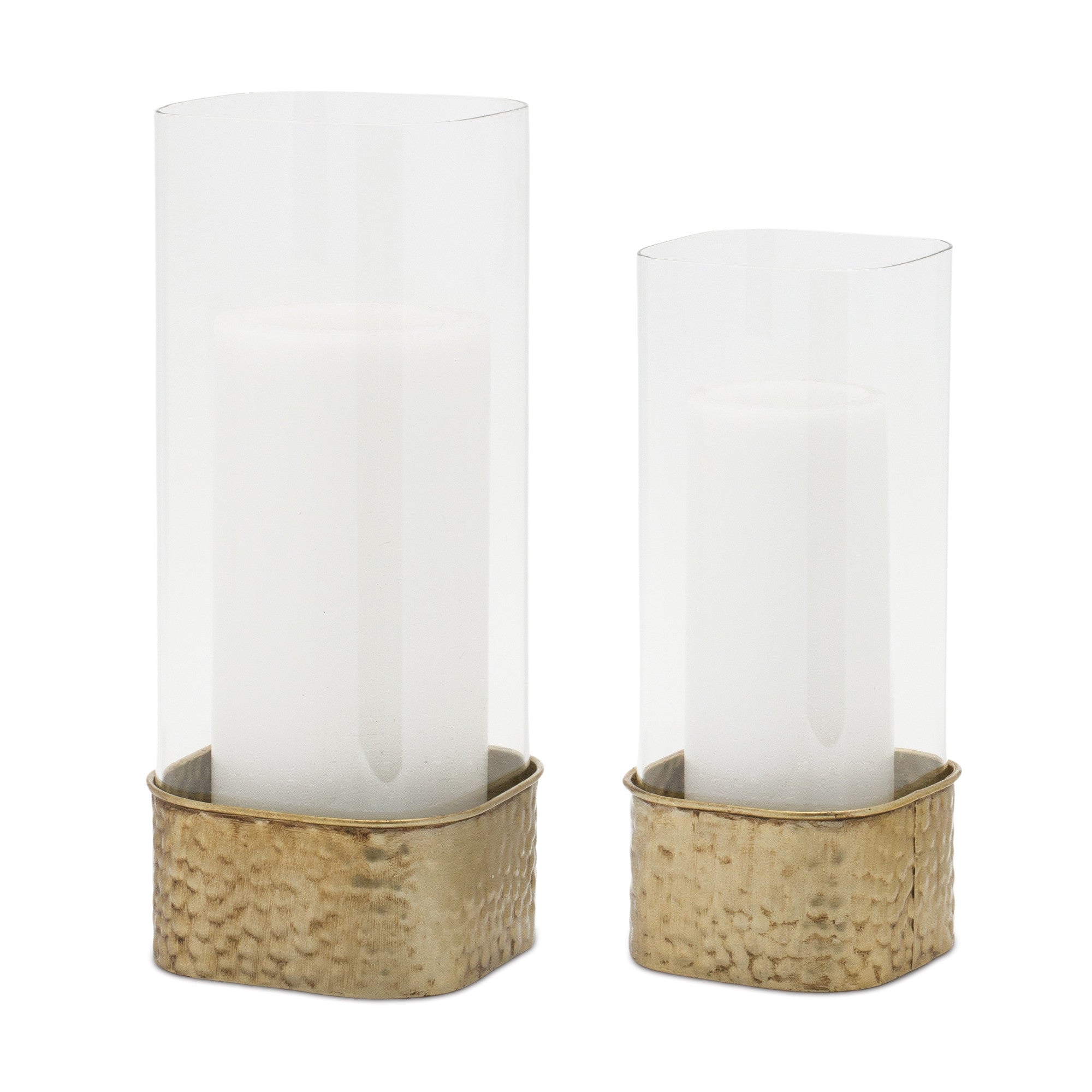 Set of Two Clear And Gold Hammered Glass And Metal Tabletop Hurricane Candle Holders-Candle Holders-DECOROLALA