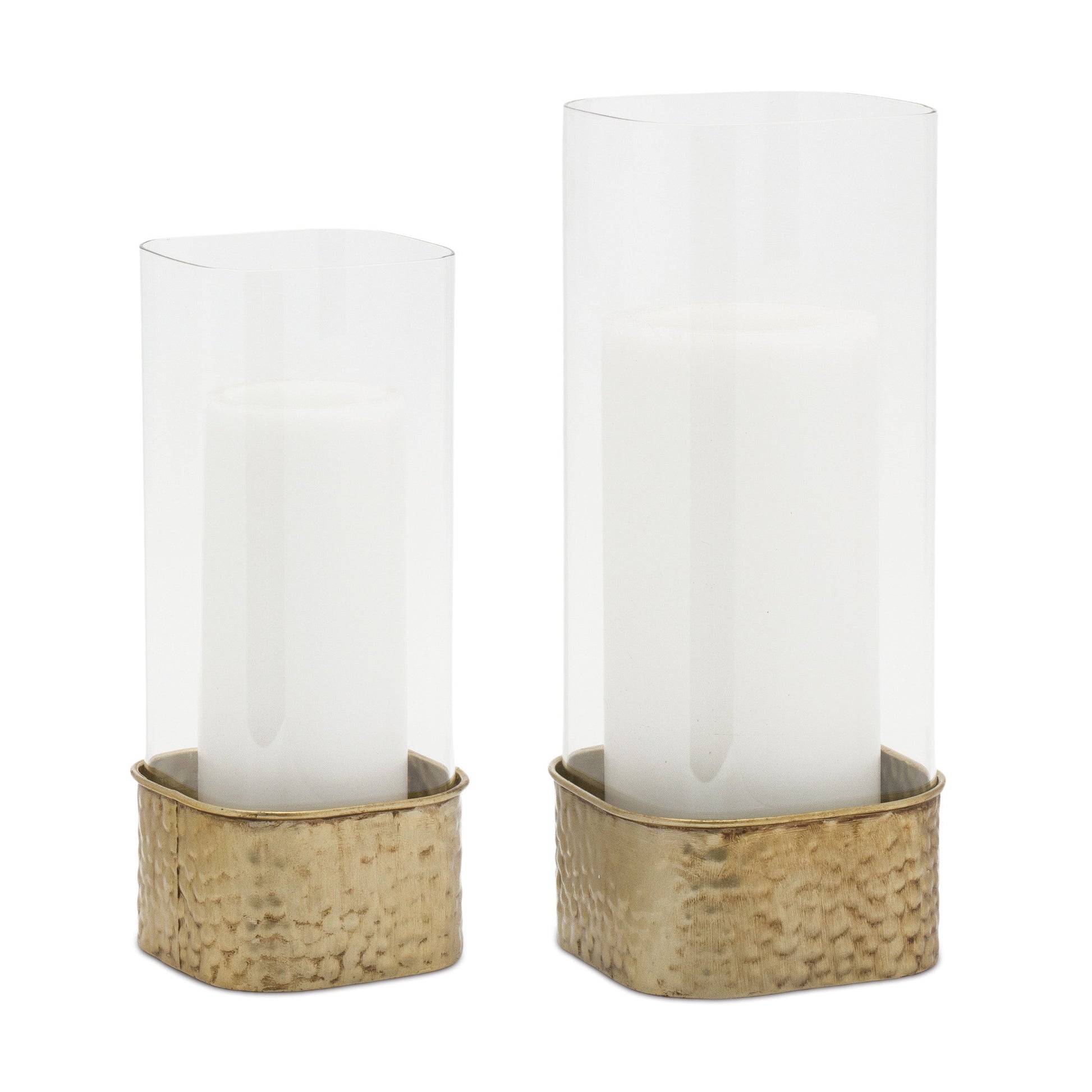 Set of Two Clear And Gold Hammered Glass And Metal Tabletop Hurricane Candle Holders-Candle Holders-DECOROLALA