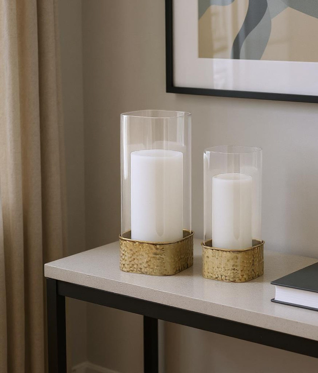 Set of Two Clear And Gold Hammered Glass And Metal Tabletop Hurricane Candle Holders-Candle Holders-DECOROLALA